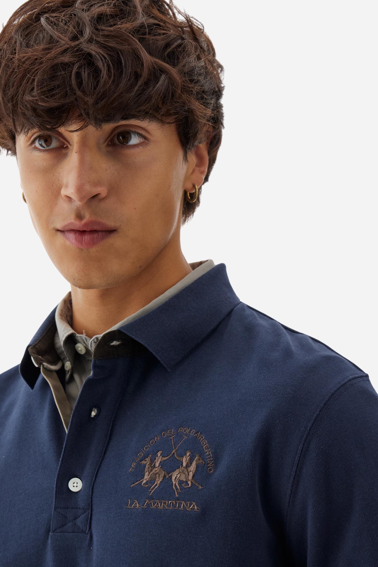 Men’s long-sleeve polo in soft-touch cotton jersey. Regular fit, gabardine collar detail and contrast embroidered team logo on the chest. - Navy