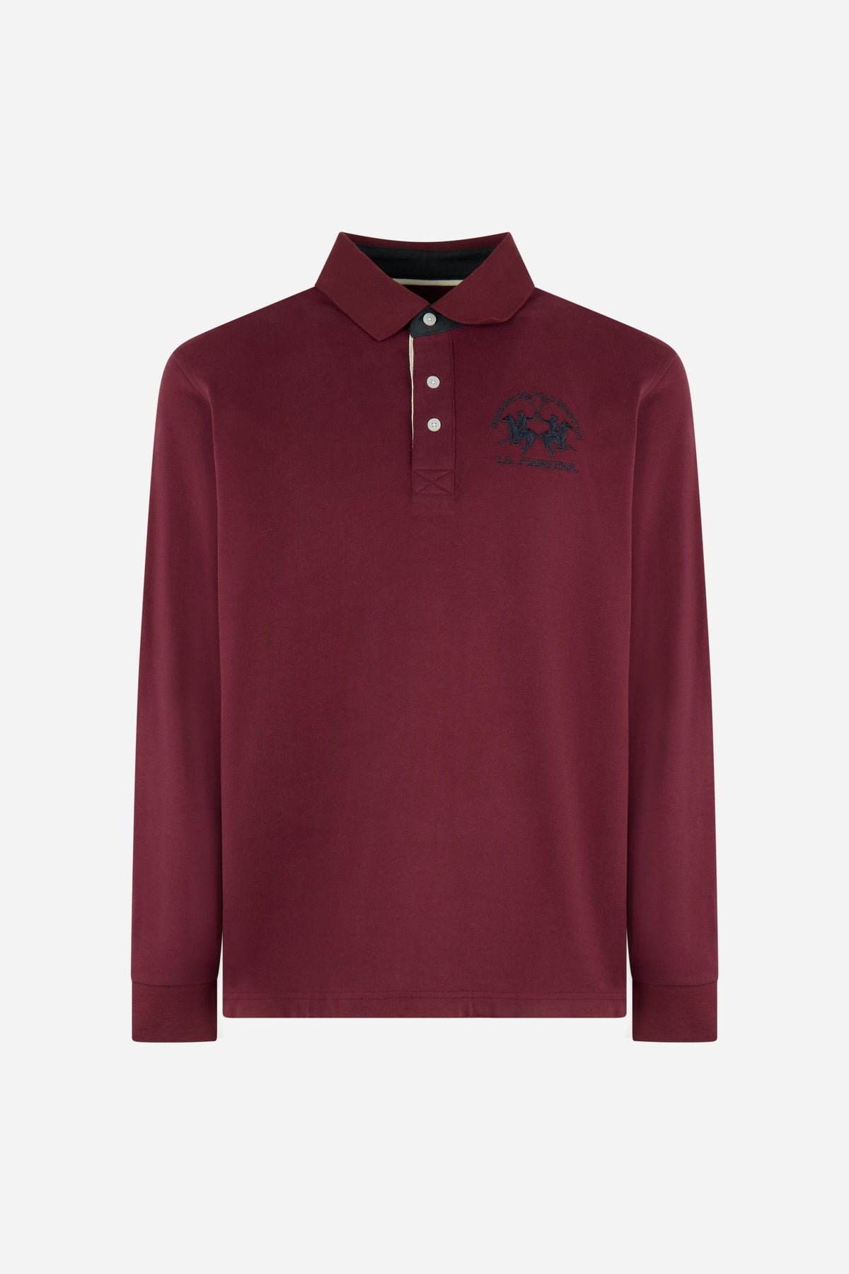 Men's long-sleeve polo in soft cotton jersey with contrasting gabardine collar, ribbed details, multicolor striped placket, and embroidered team logo for comfor - Port Royale