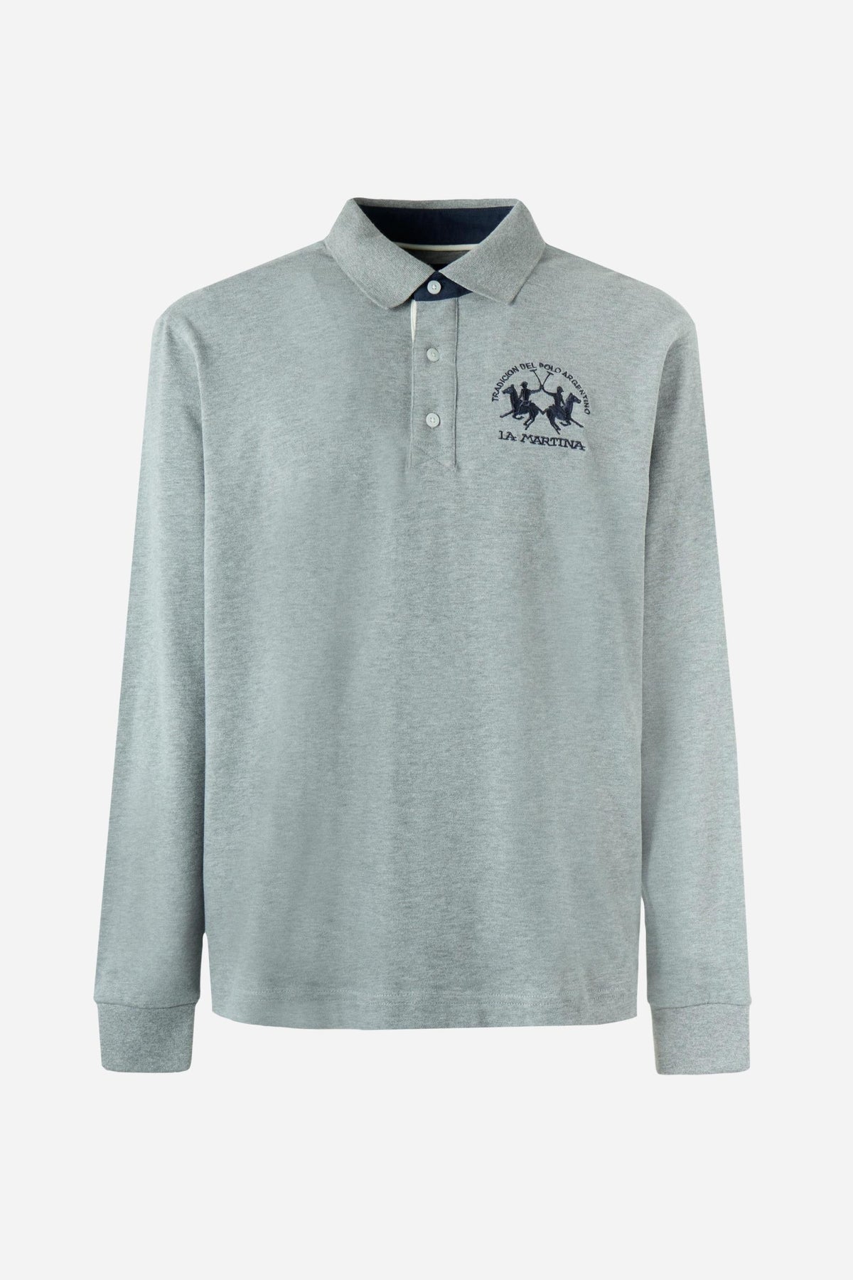 Men's long-sleeve polo in soft cotton jersey with contrasting gabardine collar, ribbed details, multicolor striped placket, and embroidered team logo for comfor - Medium Heather Grey