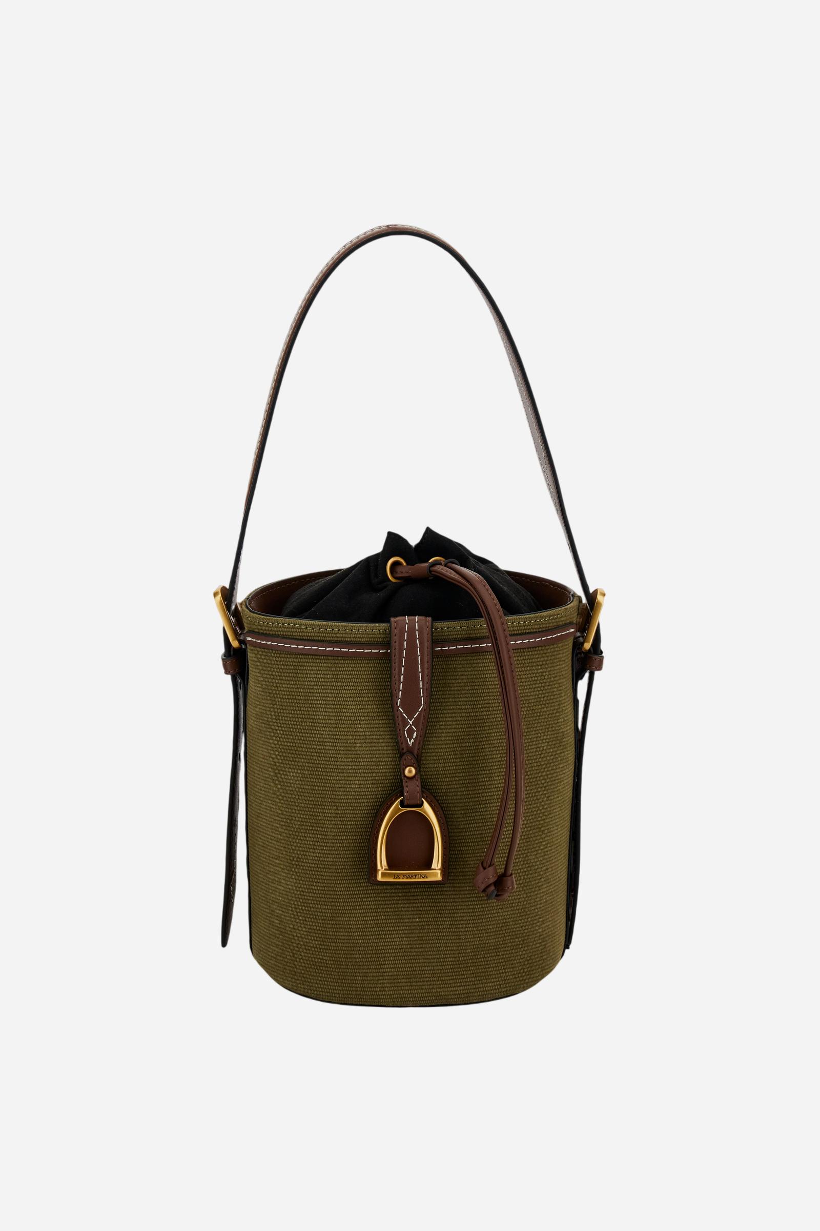 Structured bucket bag in washed canvas with eco-leather contrast details and gold maxi logo buckle on the front. - Brown/Military