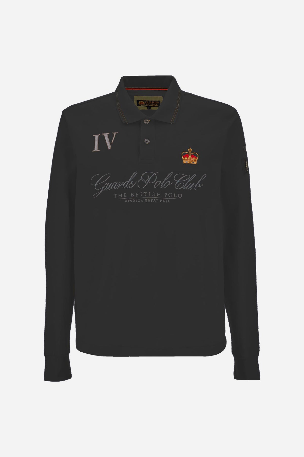Men's long-sleeve cotton piqué polo with a regular fit, ribbed collar and cuffs, contrasting details, and multicolored embroidered logos for a refined look. - Black
