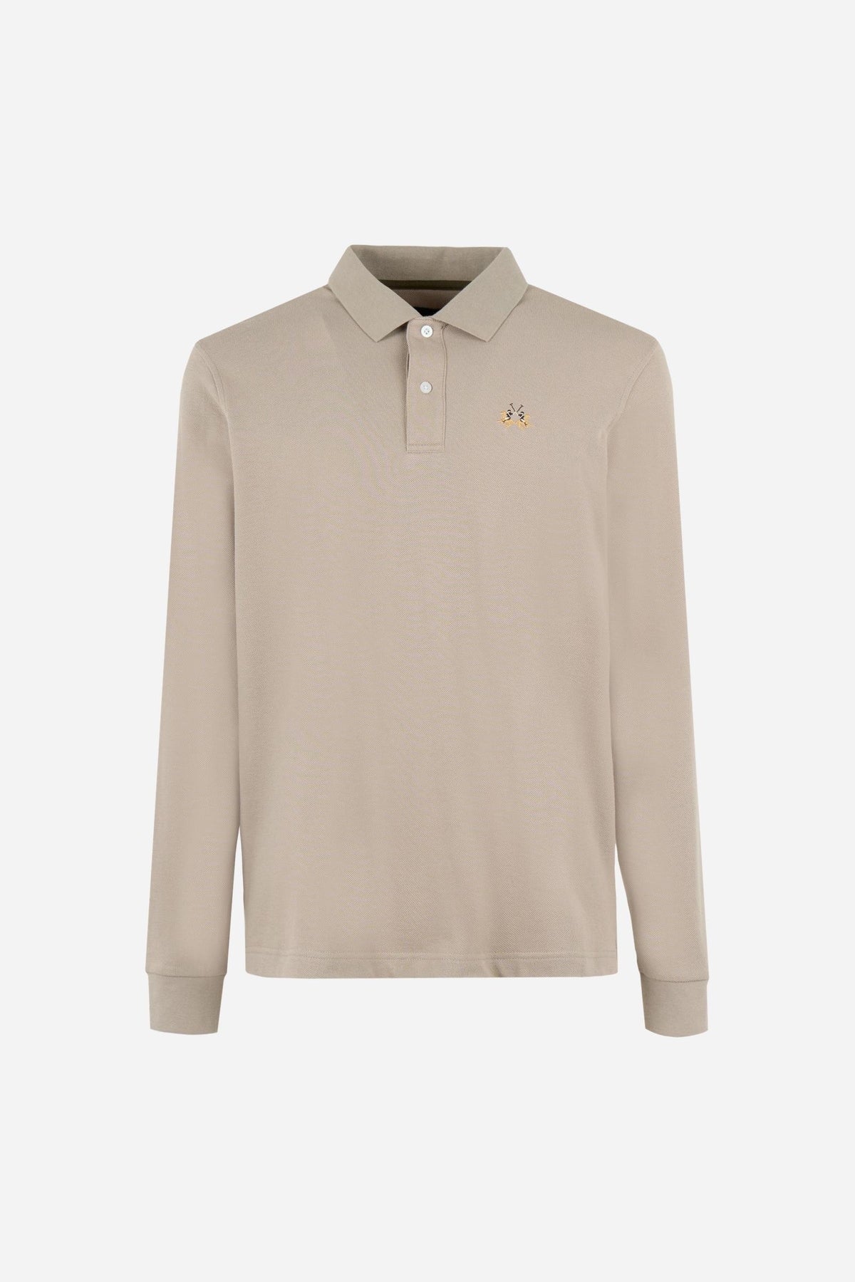 Men’s long-sleeve polo in stretch cotton piqué offers comfort, flexibility, a ribbed collar with contrasting gabardine detail, slim fit, and embroidered logo - Vintage Khaki