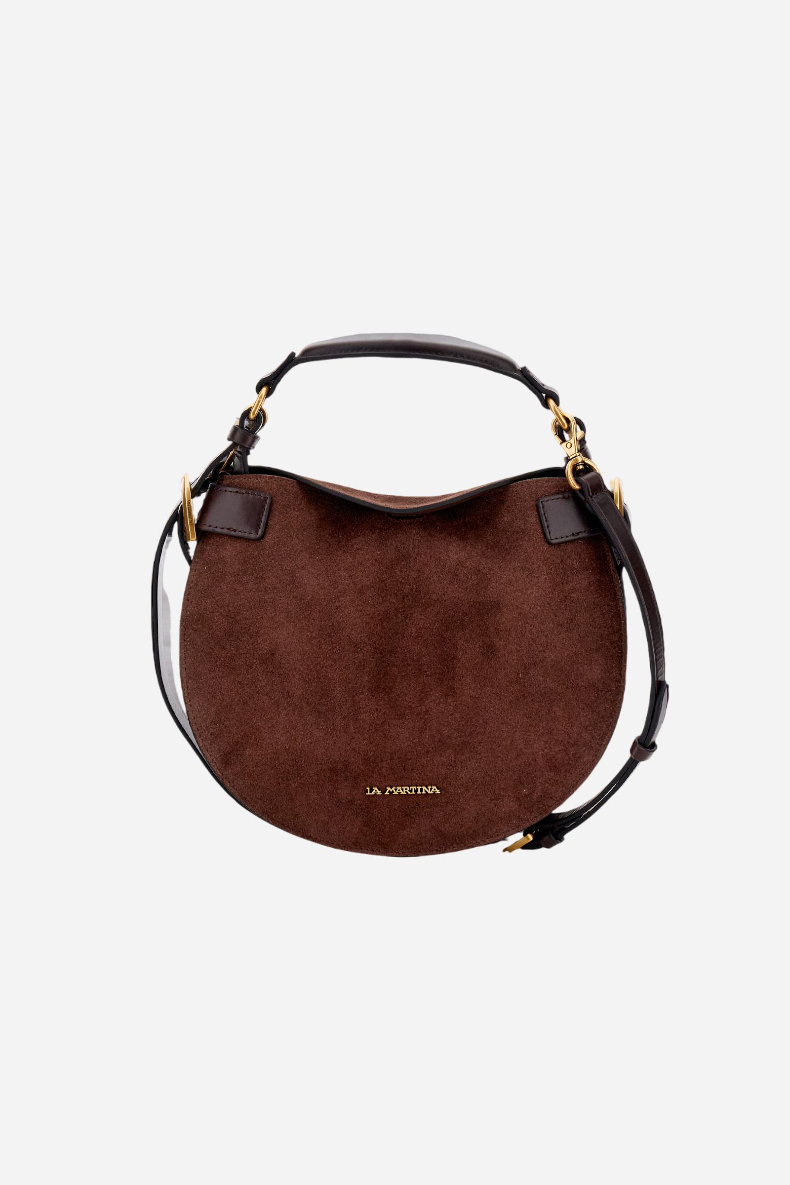 Medium suede crescent bag with contrasting leather handles and strap. Metal La Martina logo on the front. - D.BROWN/D.CHOCOLATE