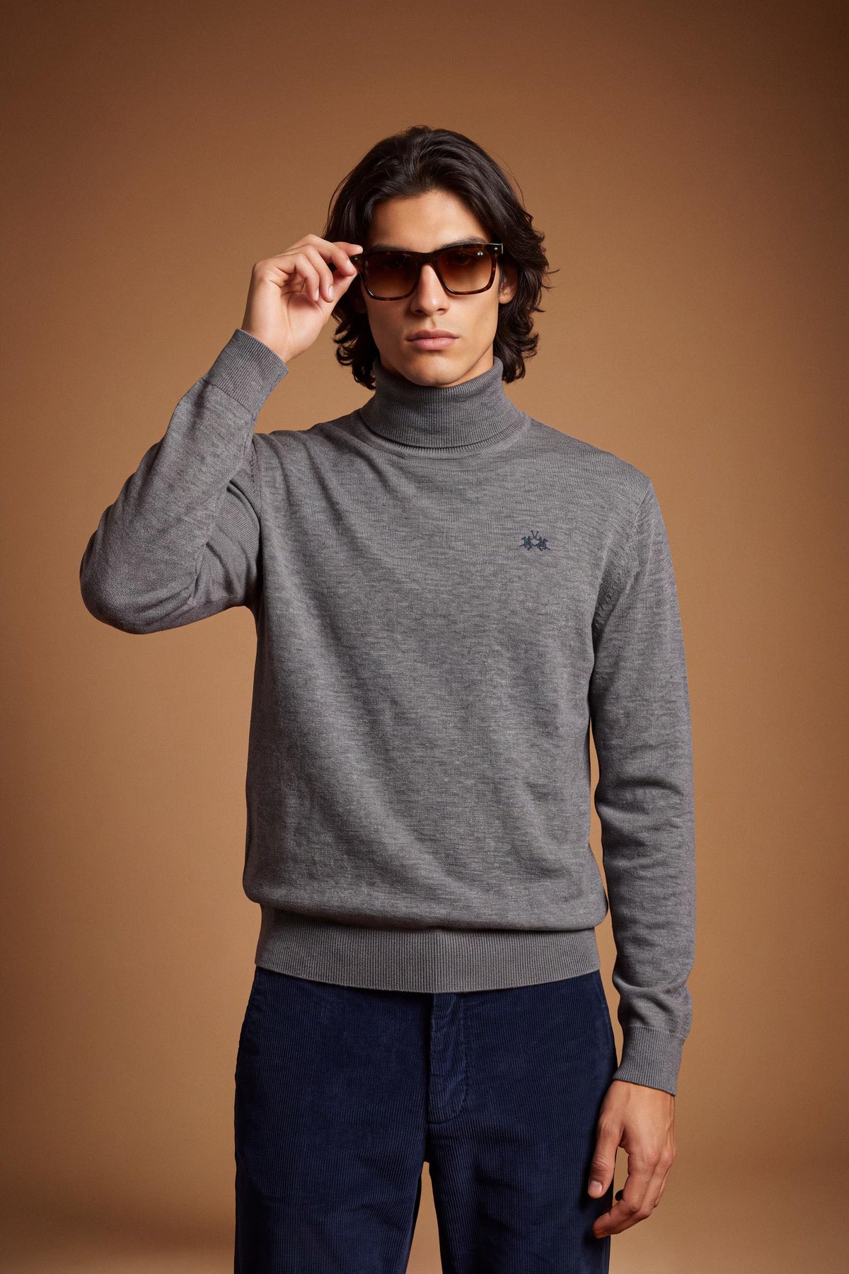Men's long-sleeve sweater with a high-neck, soft wool-cotton blend, ribbed collar and cuffs, and subtle tone-on-tone embroidered logo for a comfortable, classic fit. - Medium Heather Grey