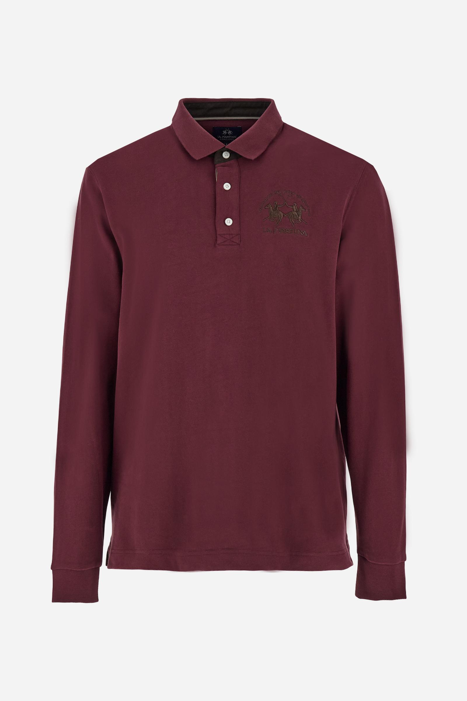 Men’s long-sleeve polo in premium soft-touch cotton jersey for a luxurious feel on the skin. Contrast gabardine details on the collar. Upper collar in tone-on-tone ribbing with printed La Martina lettering undercollar. Three customized buttons, enhanced by a multicolor striped tape on the placket. Contrast embroidered team logo on the chest. Regular fit. Model wears size L. - Port Royale