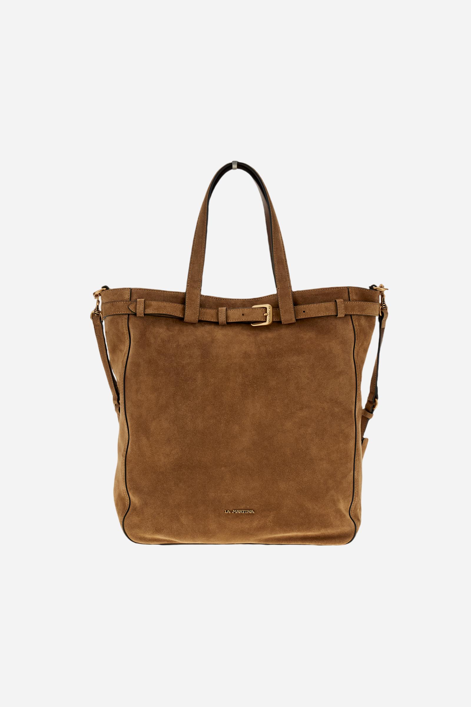 Large suede shopping bag with rectangular design, featuring handles, strap, and the brand’s iconic buckle and logo details. - MUD