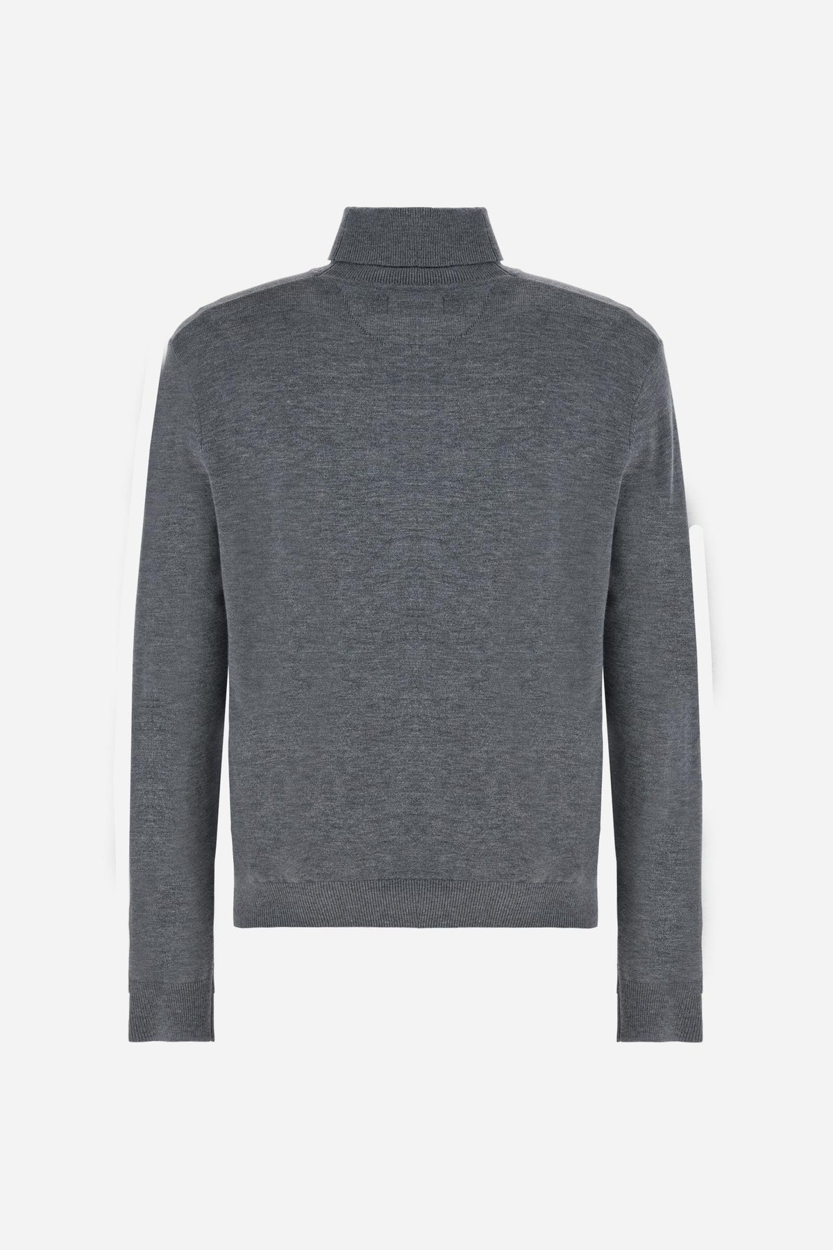 Men's long-sleeve sweater with a high-neck, soft wool-cotton blend, ribbed collar and cuffs, and subtle tone-on-tone embroidered logo for a comfortable, classic fit. - Medium Heather Grey