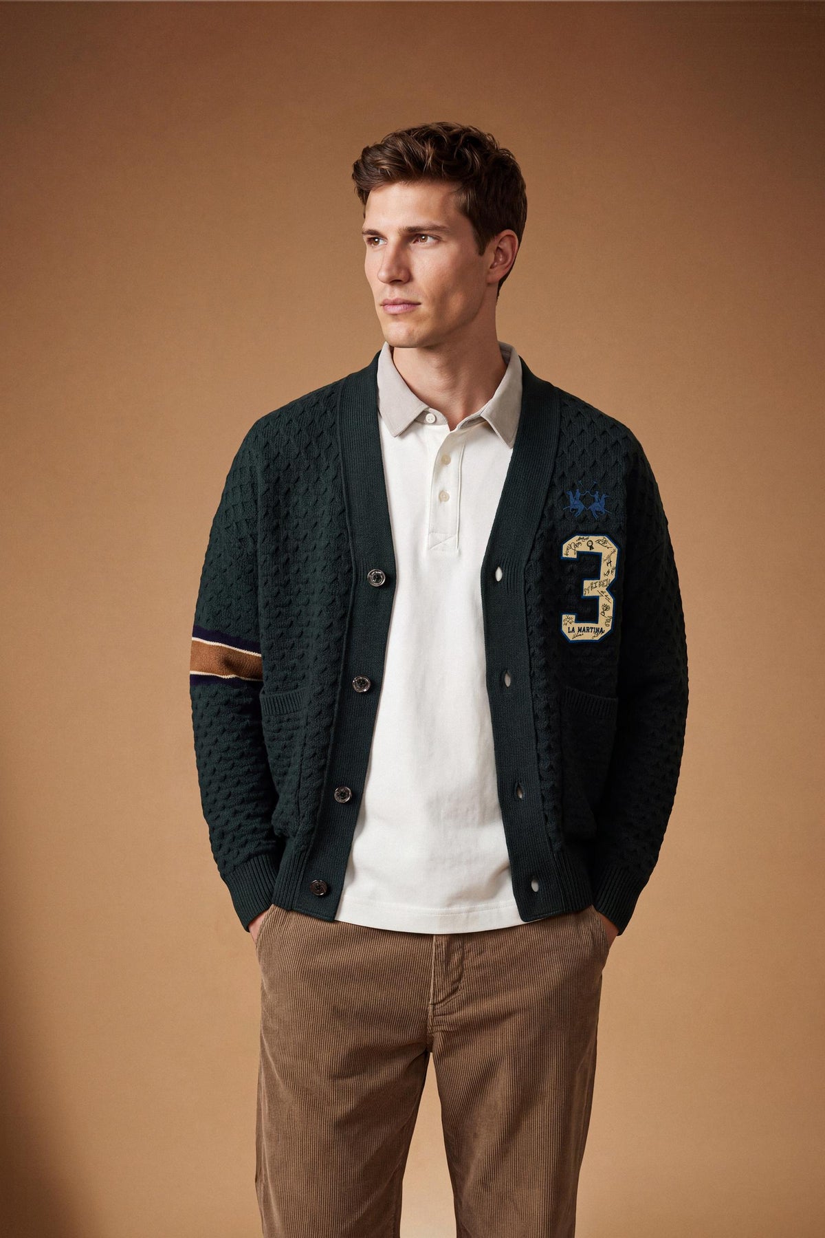 Men's long-sleeve cardigan in 50% lambswool blend with 3D knit, large buttons, patch pockets, bold "3" applique, brand embroidery, and relaxed oversized fit. - Scarab