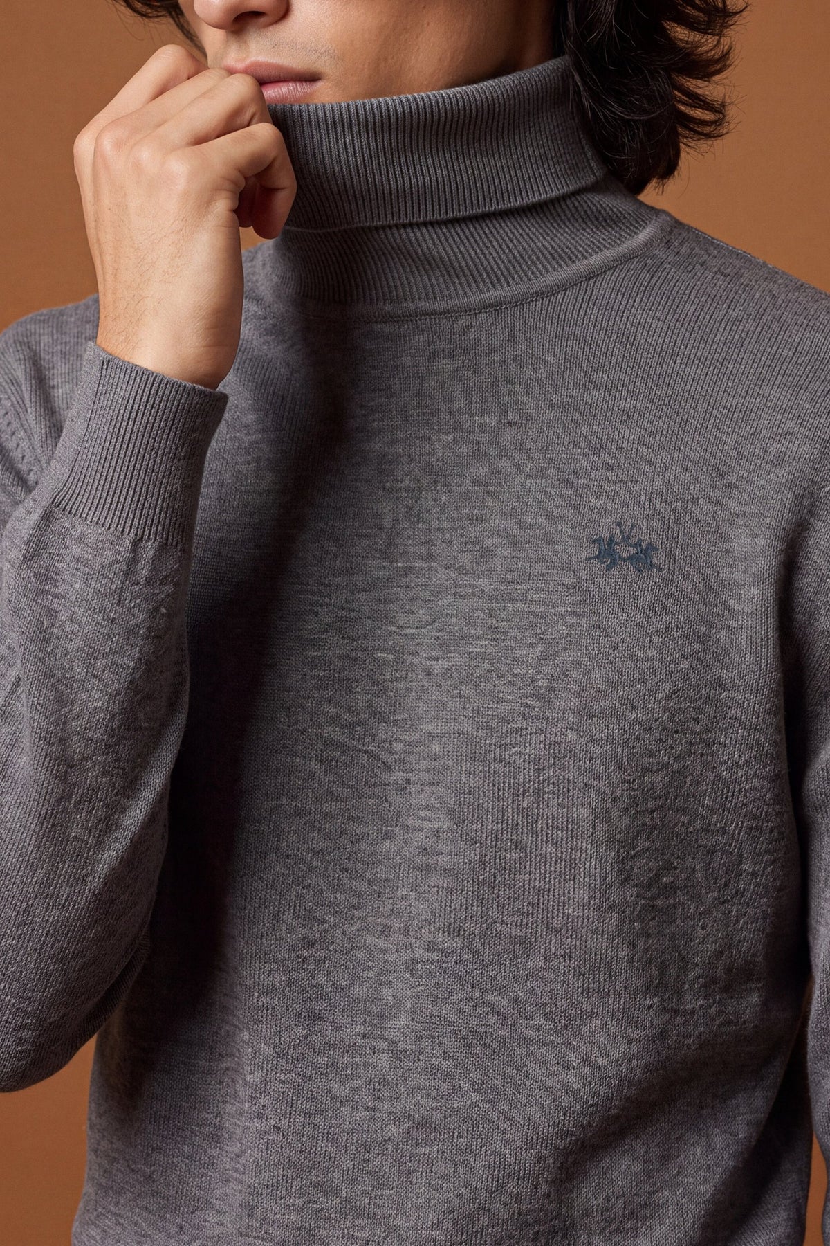 Men's long-sleeve sweater with a high-neck, soft wool-cotton blend, ribbed collar and cuffs, and subtle tone-on-tone embroidered logo for a comfortable, classic fit. - Medium Heather Grey