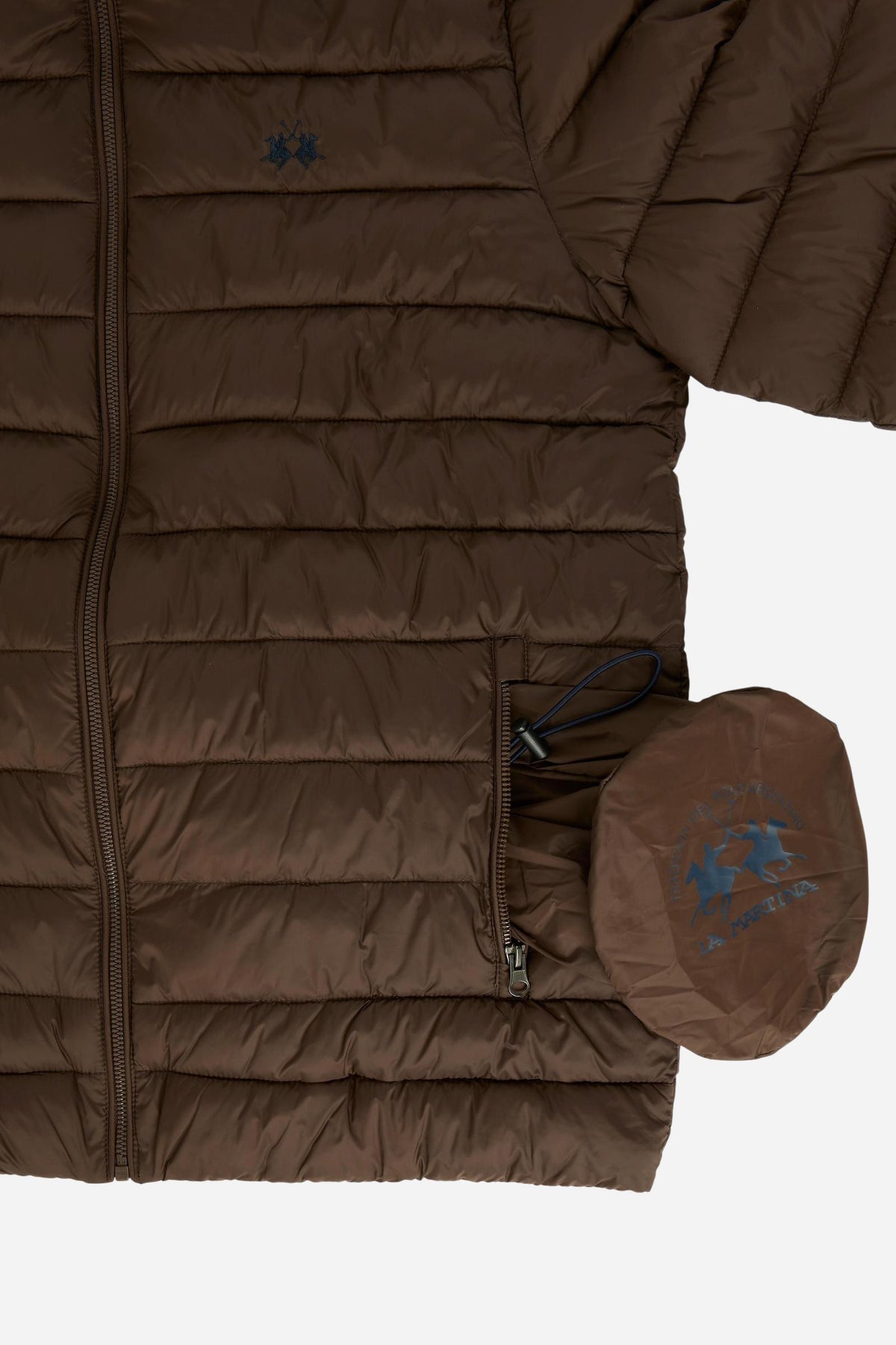 Short men's down jacket with quilted padding for warmth, nylon shell, zippered pockets, elastic cuffs, integrated hood, and a relaxed, comfortable fit. - Hot Fudge