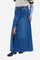 Women's long skirt in stretch cotton denim. 5-pocket model with front opening fastened by custom tack buttons.The logo features on the back of the eco-leather waistband applied to the right of the waist. The flared fit creates a feminine, fluid look. The model is wearing a size 2 - Medium Indigo Denim