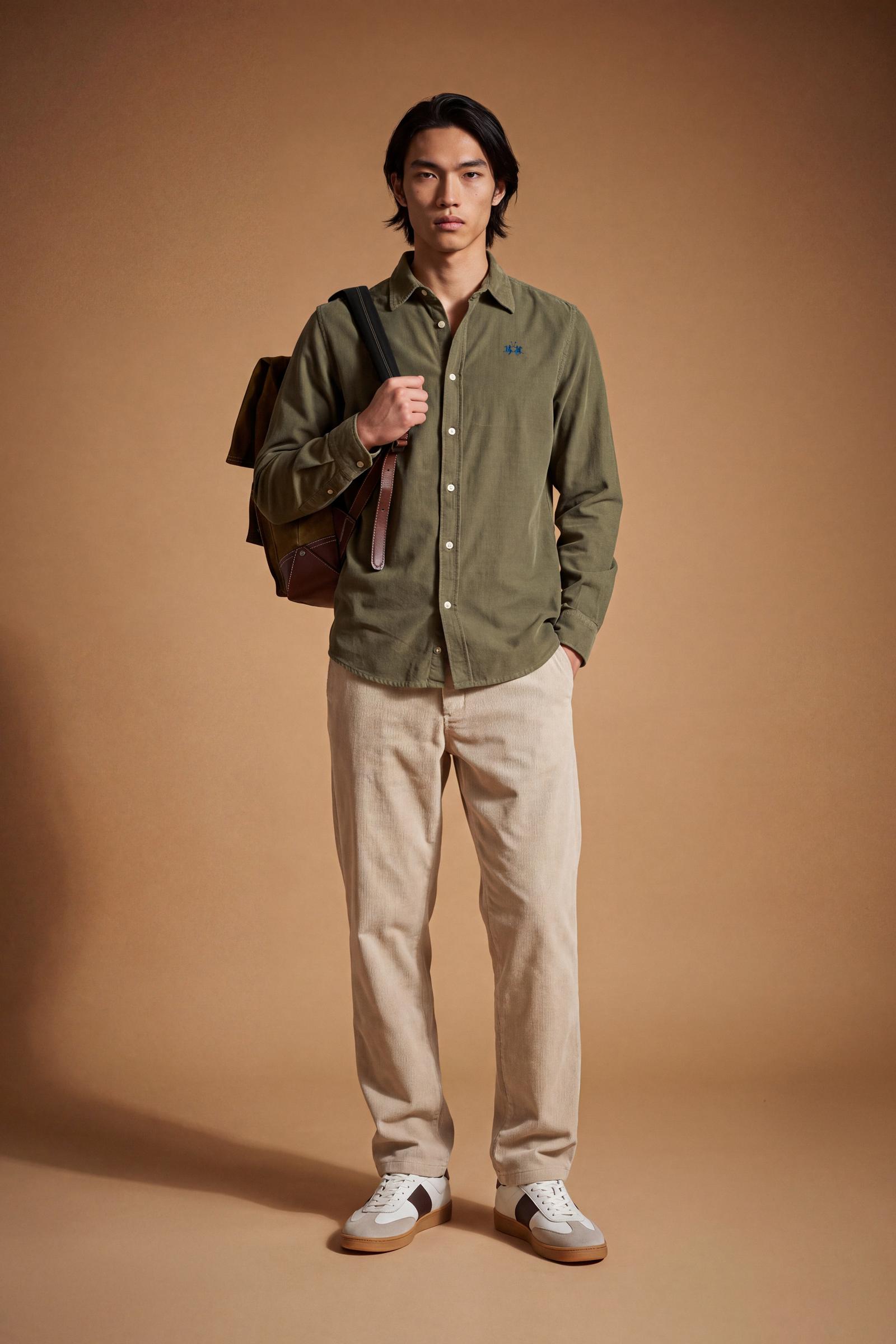 Men’s long-sleeve shirt in soft 100% cotton velvet with regular fit, front button closure, embroidered logo, and a comfortable regular collar for all-day wear. - Olive Night