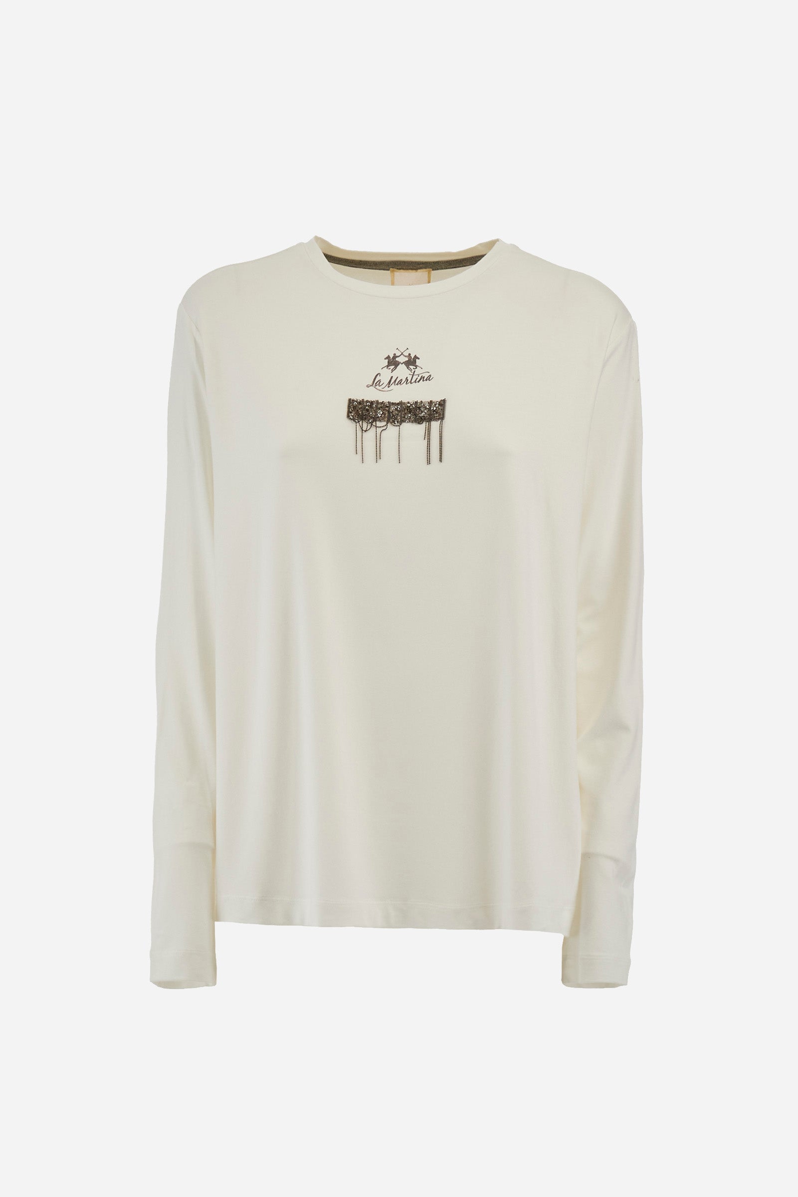 This long-sleeved women's T-shirt is made of stretch viscose for optimal comfort. The regular fit is perfect for any occasion. It features a basic solid colour suitable for any outfit. The crew-neck is enriched with a logo and a jewel detail for a touch of elegance. A versatile and quality garment for every woman's wardrobe. The model is 174 cm tall and wears a size 2. - Off White