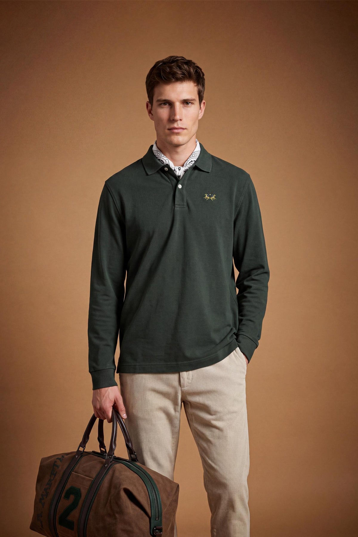 Men’s long-sleeve polo in stretch cotton piqué offers comfort, flexibility, a ribbed collar with contrasting gabardine detail, slim fit, and embroidered logo - Sycamore