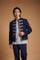 Men's long-sleeve wool blend jacket with structured fit, contrasting lining, braided trims, frog closures, metal buttons, and detailed craftsmanship for a refined look. - Navy Blazer