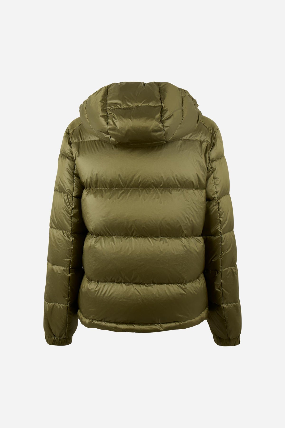 Men's padded feather bomber jacket with detachable hood, iridescent nylon, double zipper, snap buttons, adjustable drawstring, zippered pockets, and embroidered logo. - Burnt Olive