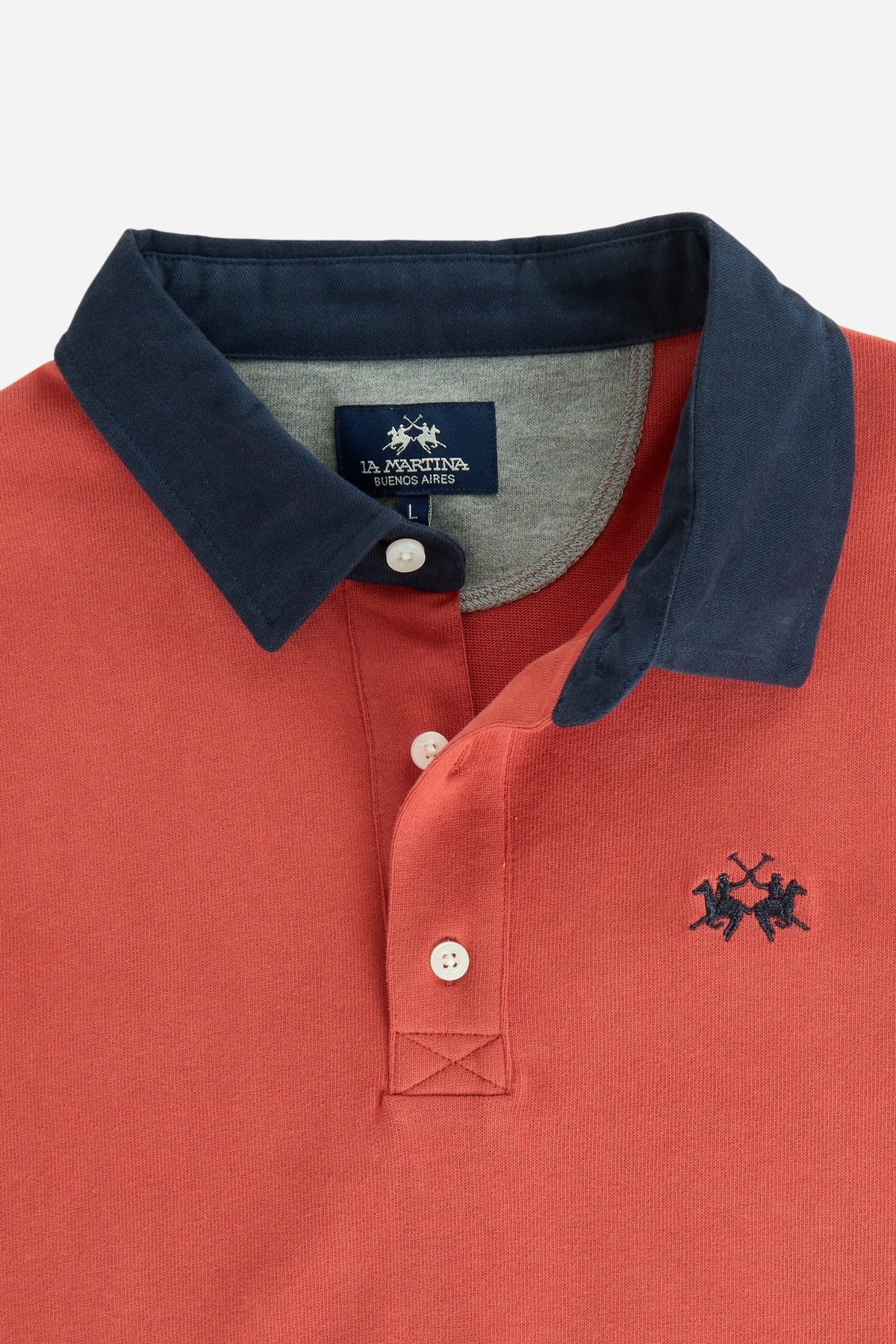 Men's long-sleeve polo made from heavy cotton jersey with ribbed cuffs, contrasting gabardine collar, embroidered logo, and a comfortable regular fit. - Garnet Rose
