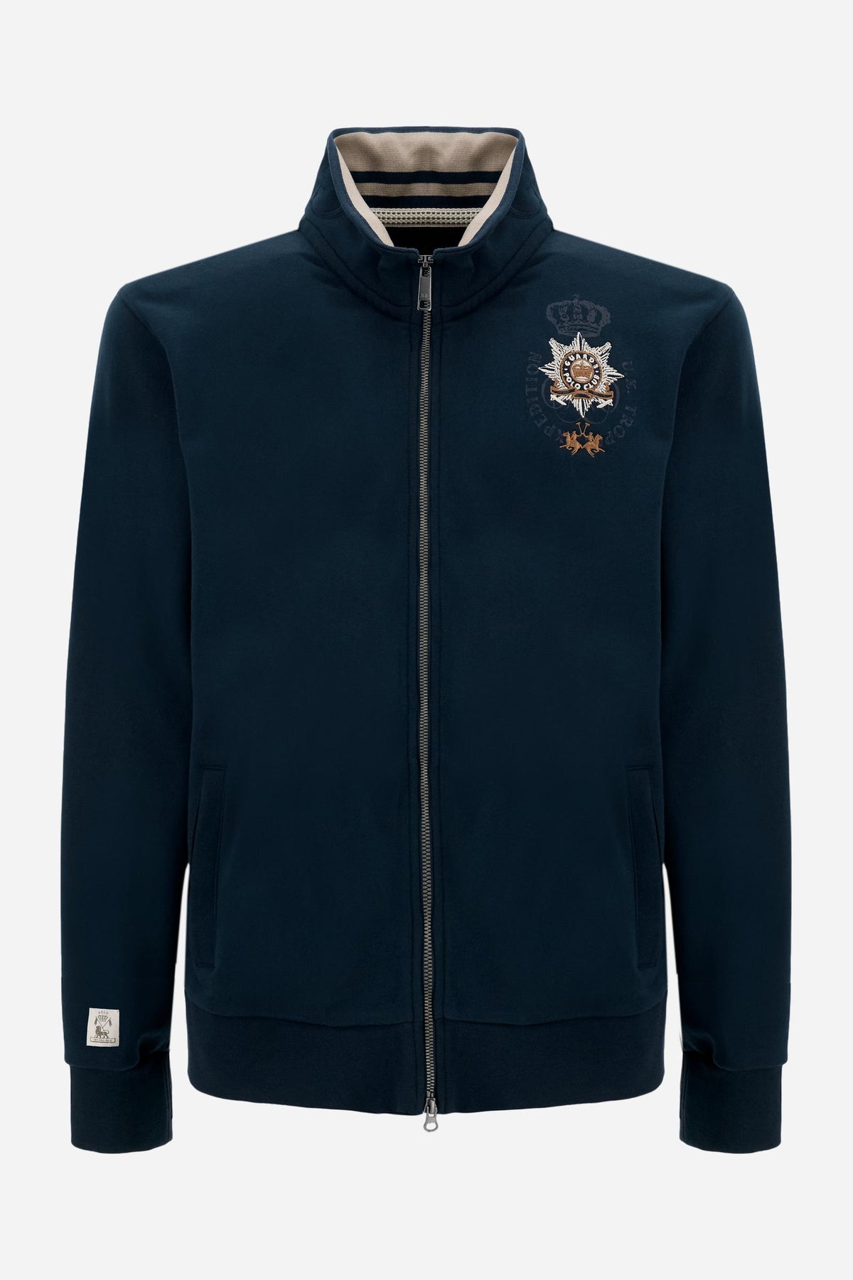 Men’s French Terry sweatshirt with front zip, striped rib details and maxi Guards logo on the chest. - Navy