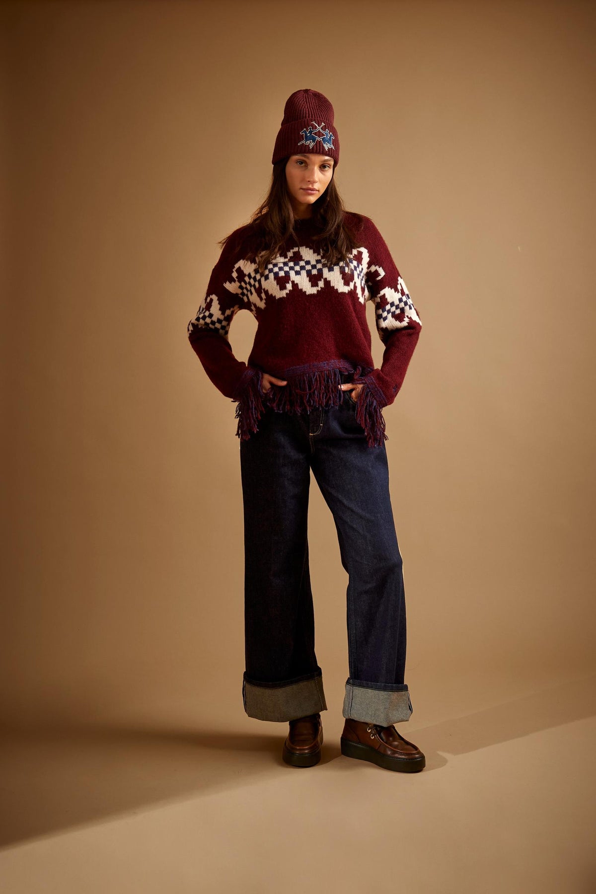 Damen Rundhalsausschnitt Pullover mit Jacquard-Muster und Fransen - Edvige