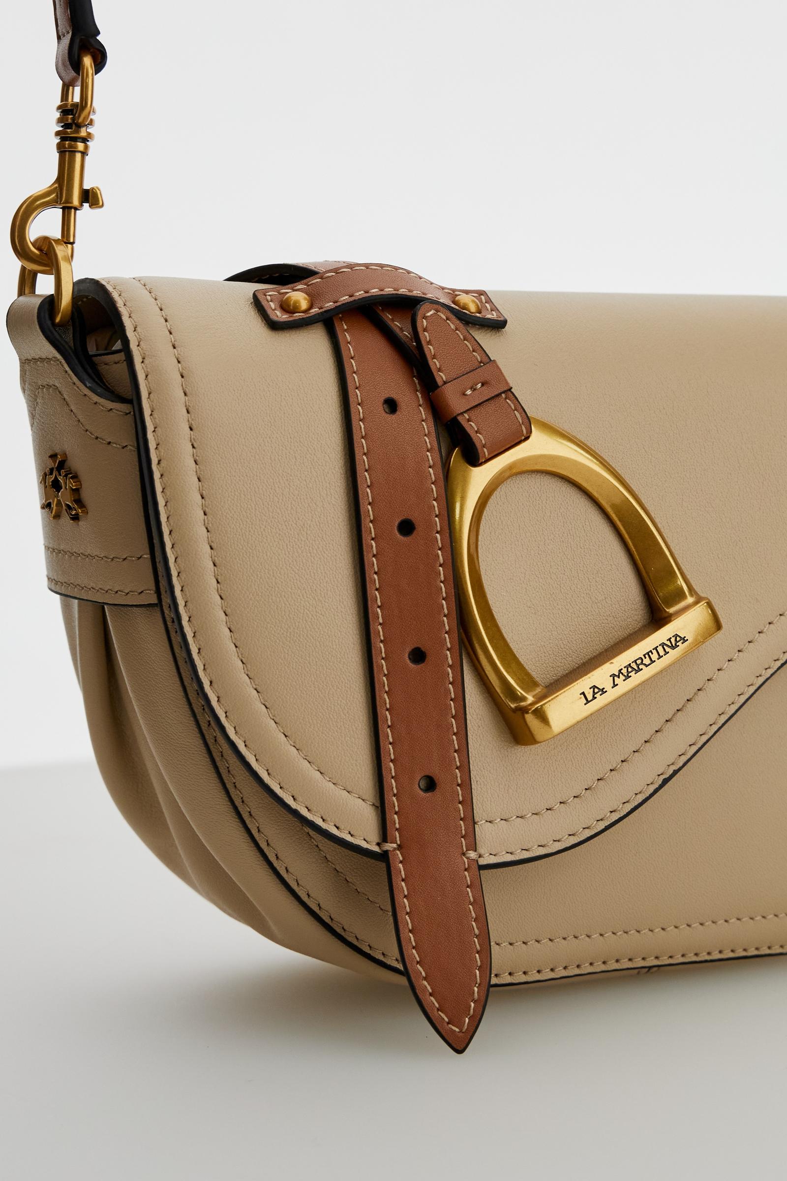 Small half-moon bag in full-grain leather with leather trim, saddle flap and gold maxi stirrup buckle with engraved logo. - Neutral/Cuoio