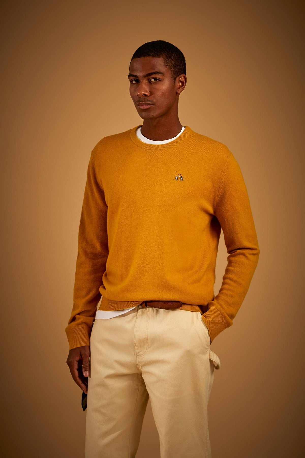 Men's crew neck lambswool sweater with tricolor logo - Ethan