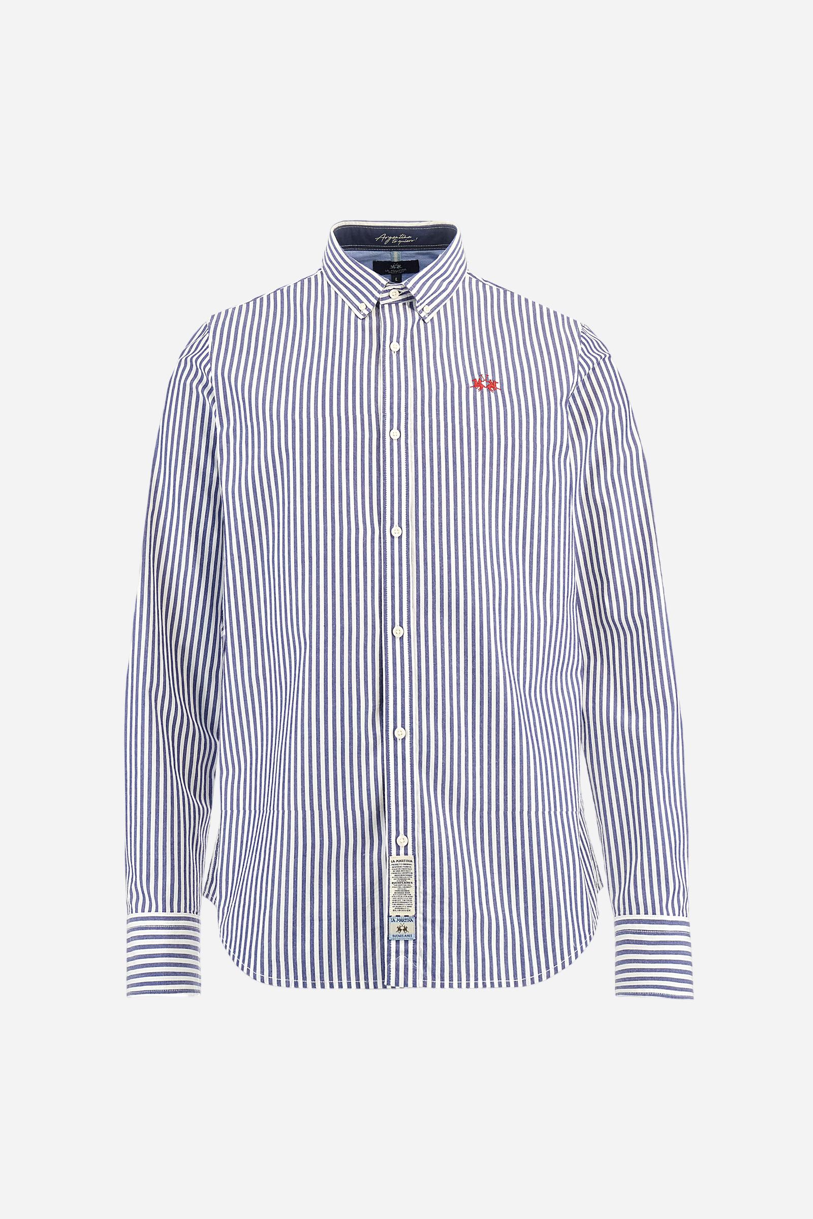 Men’s long-sleeved shirt in 100% cotton poplin with bicolor stripe pattern. Front placket with visible personalized buttons and button-down collar. Inside the collar, contrasting fabrics and colors feature embroidered graphics inspired by Argentina. Contrasting embroidered brand logo on the chest. Regular fit. The model wears size L. - Optic White/Navy