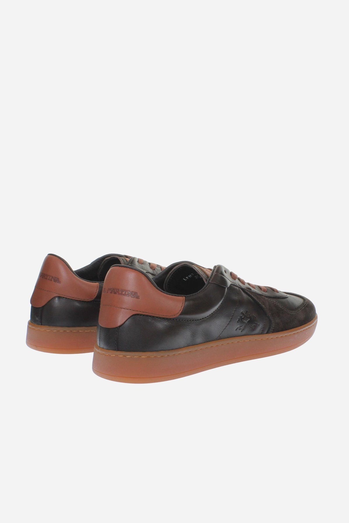 Men's deconstructed sneaker in vegetable-tanned calf leather and suede, with tone-on-tone stitching, honey rubber sole, Strobel construction, and Italian craftsmanship. - Black/Black