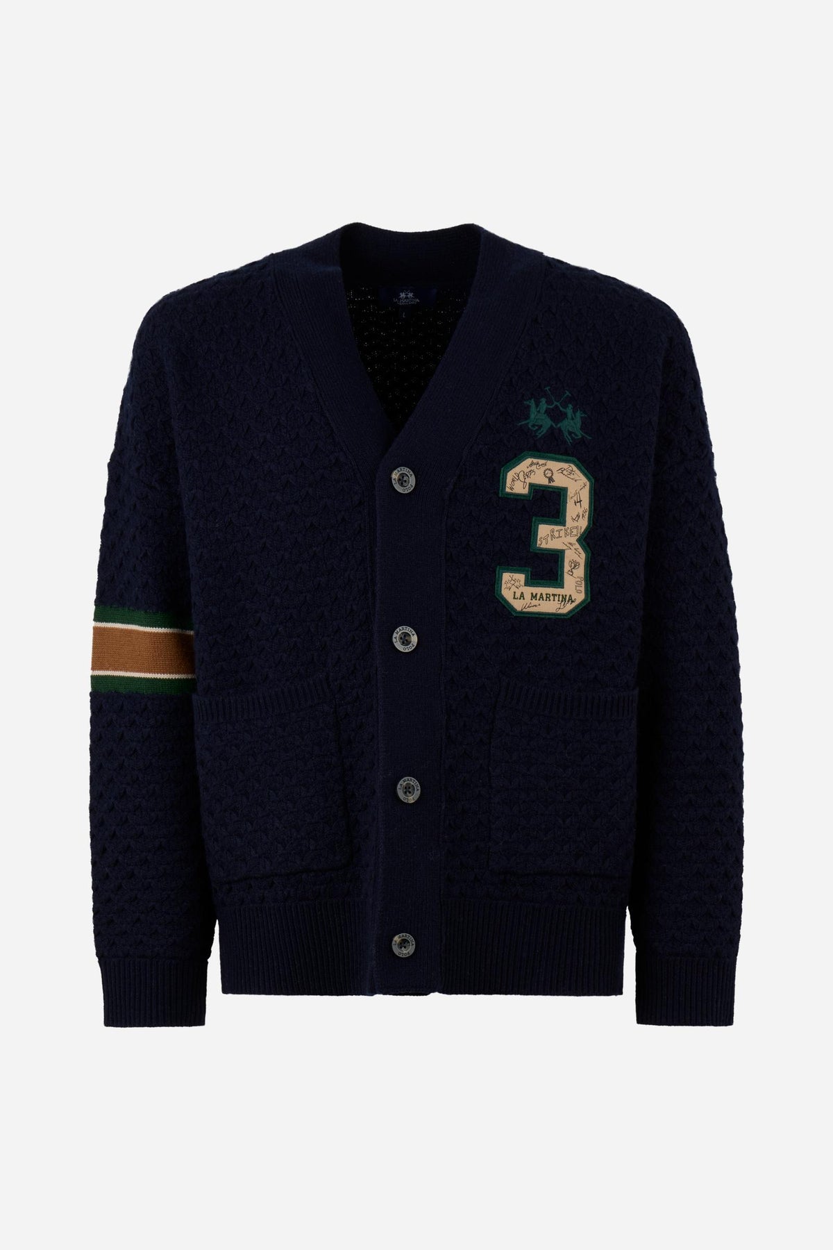 Men's long-sleeve cardigan in 50% lambswool blend with 3D knit, large buttons, patch pockets, bold "3" applique, brand embroidery, and relaxed oversized fit. - Navy