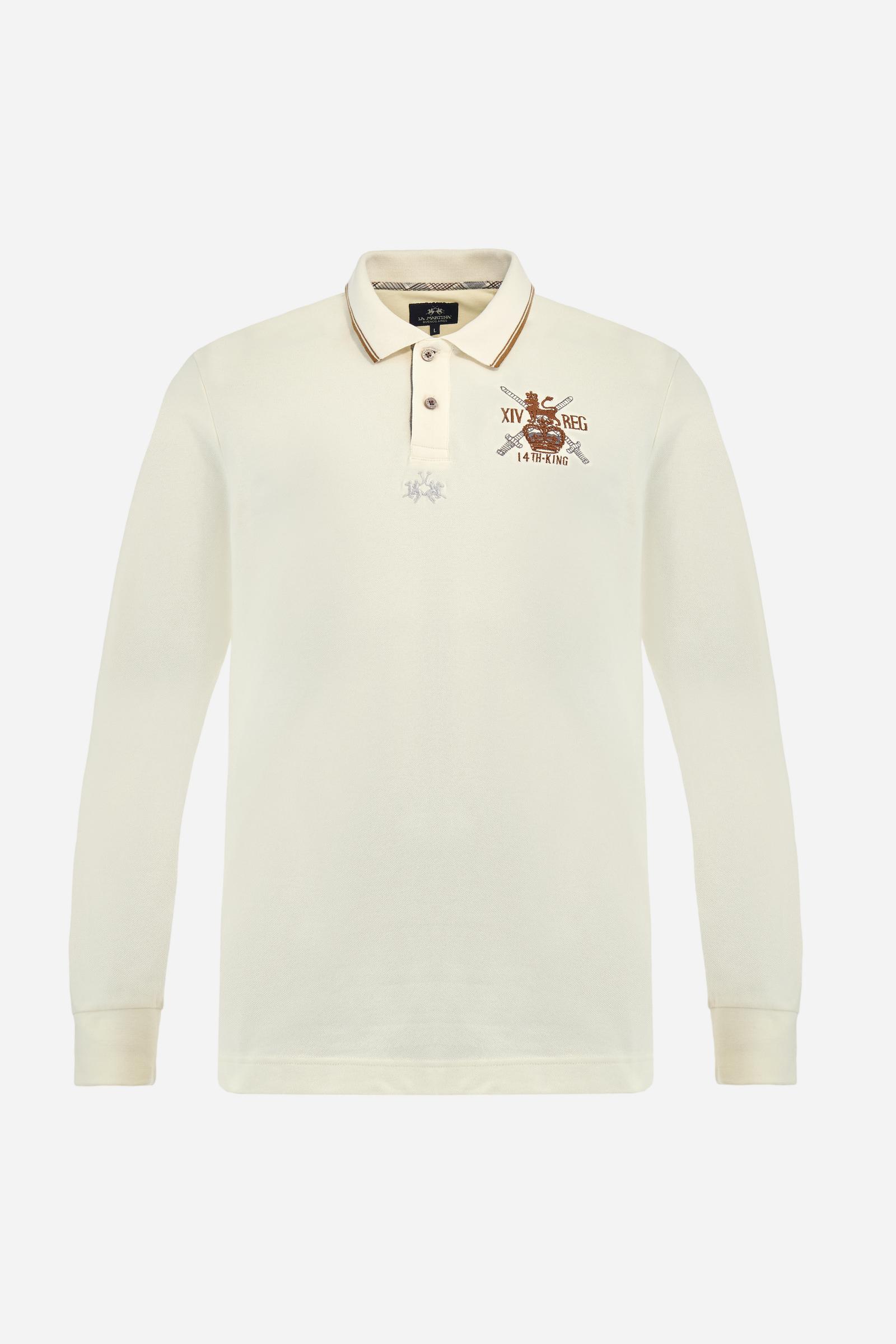 Long-sleeve polo shirt in stretch cotton jersey, soft and breathable. Ribbed collar with contrast striped edge and inner tartan ribbon. A colorful embroidered crest enriches the chest, complemented by a tonal embroidered logo under the placket with two personalized buttons. Regular fit for a versatile, timeless look. Model wears size L. - Pristine