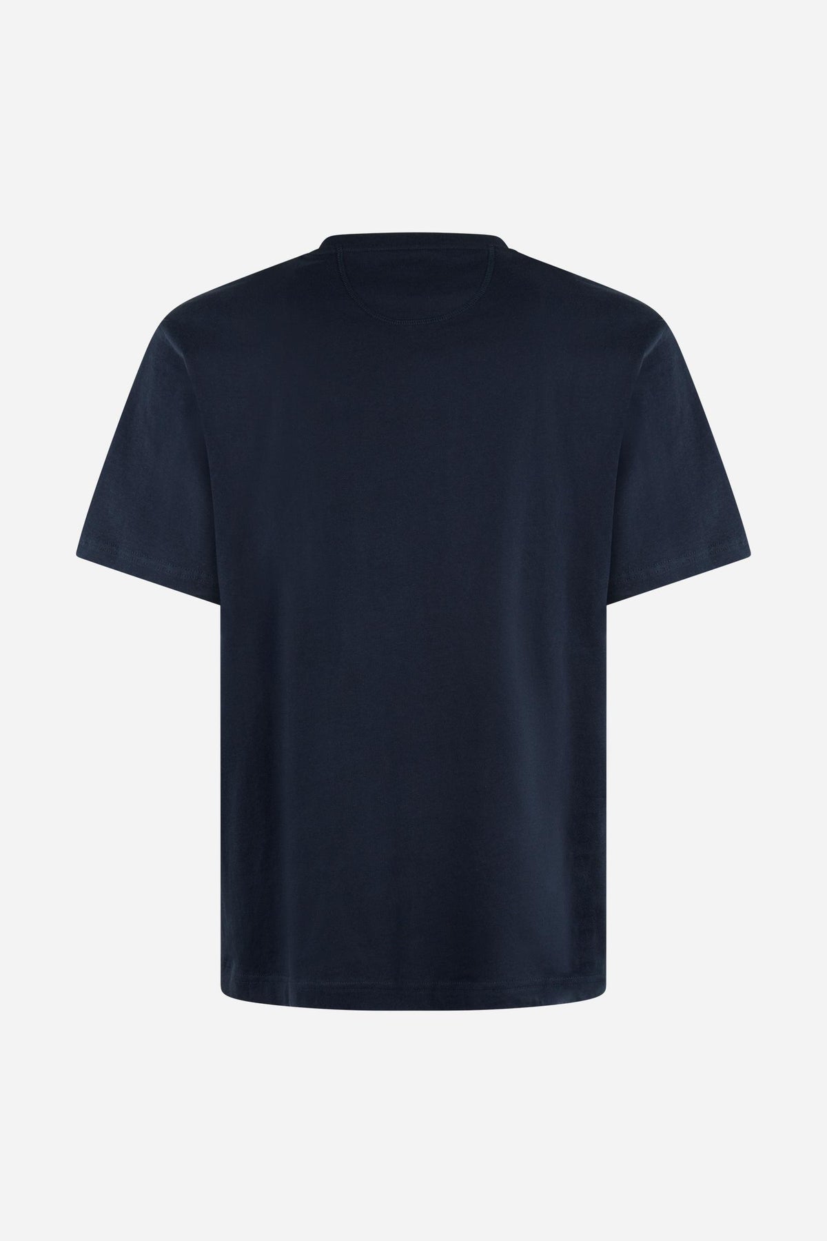Men's short-sleeve T-shirt in 100% cotton with a ribbed crew neck, contrasting printed and embroidered chest design, and a comfortable, classic regular fit. - Navy Blazer
