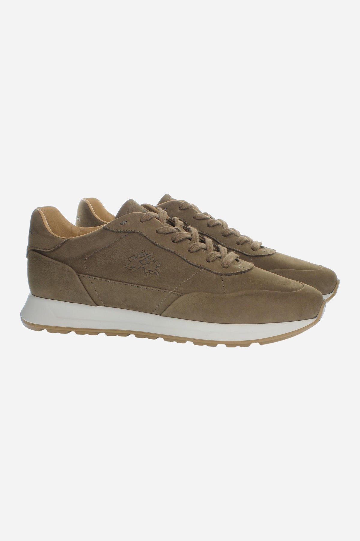 Men's nubuck sneaker with handcrafted stitching, embossed logo, leather-colored lining, and two-tone rubber PU sole for comfort and style. Made in Italy. - Camel