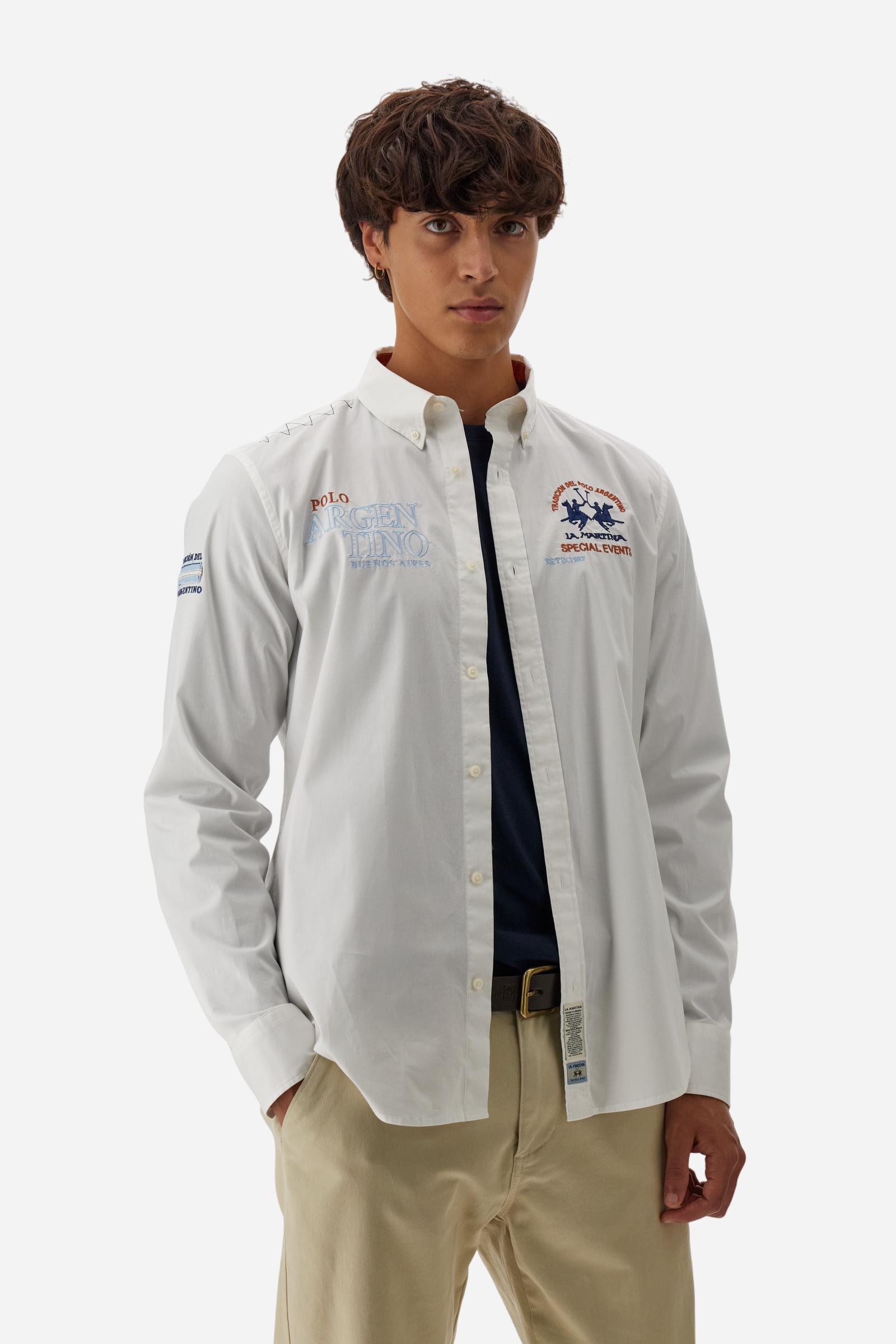 Men’s poplin cotton shirt. Regular fit, button-down collar and multicolor Argentina graphics on chest, sleeves and back. - Optic White