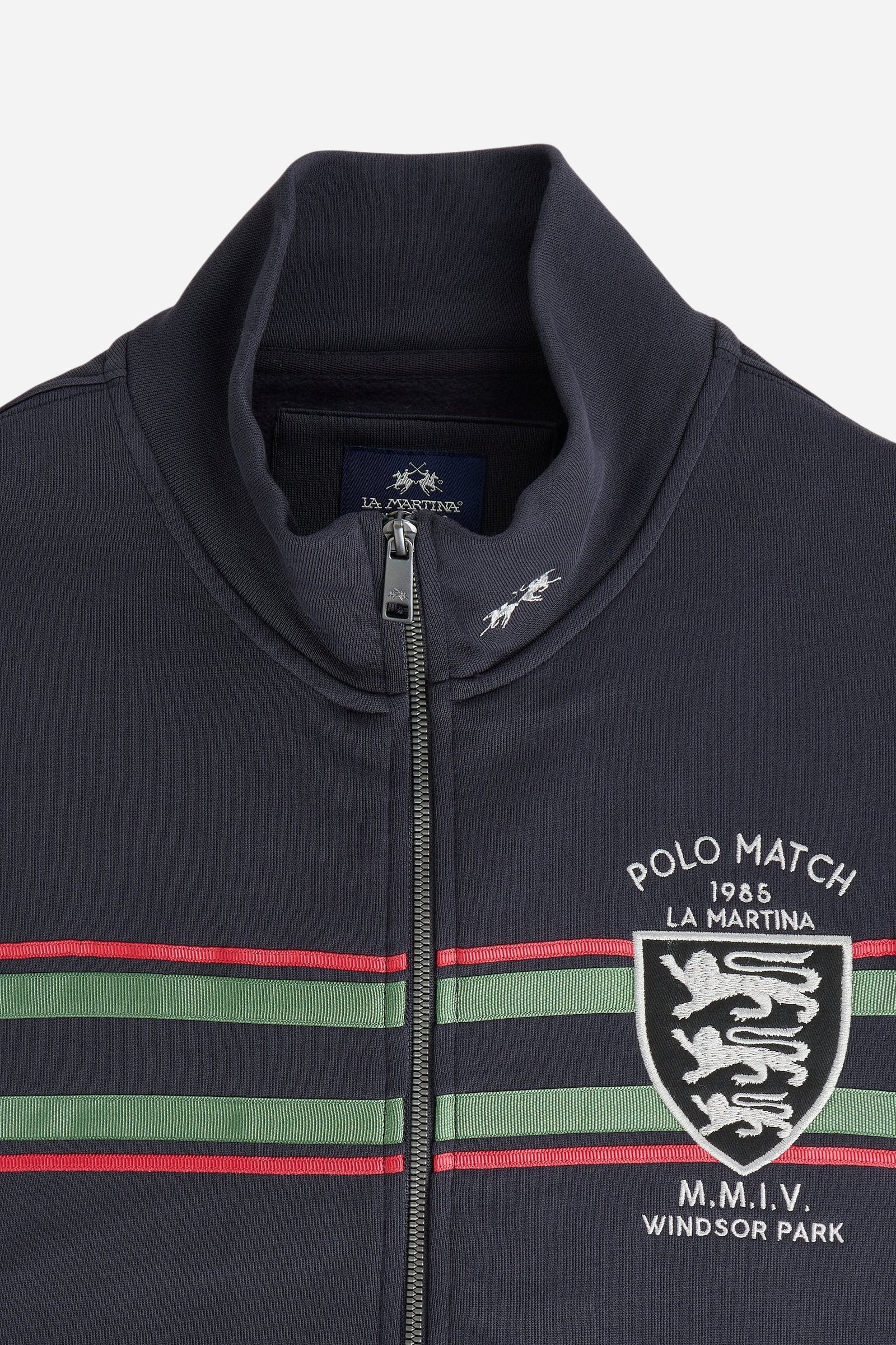Men's long-sleeve sweatshirt in soft cotton with high double-layer collar, front zipper, ribbed cuffs, kangaroo pockets, and striking red, black, white stripes. - Navy Blazer