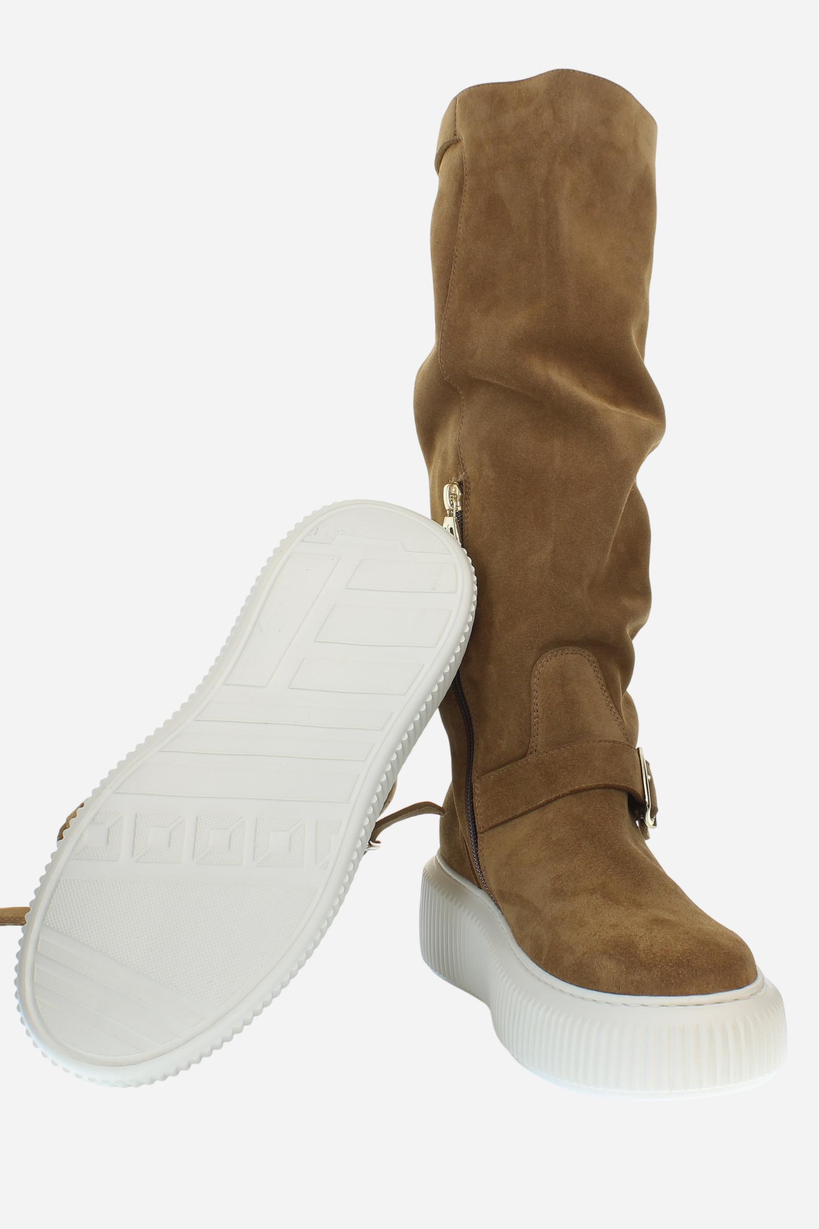 Women's high boots in soft suede with branded buckles and chunky rubber soles. A sporty and refined design for a unique and original style. - CAMEL