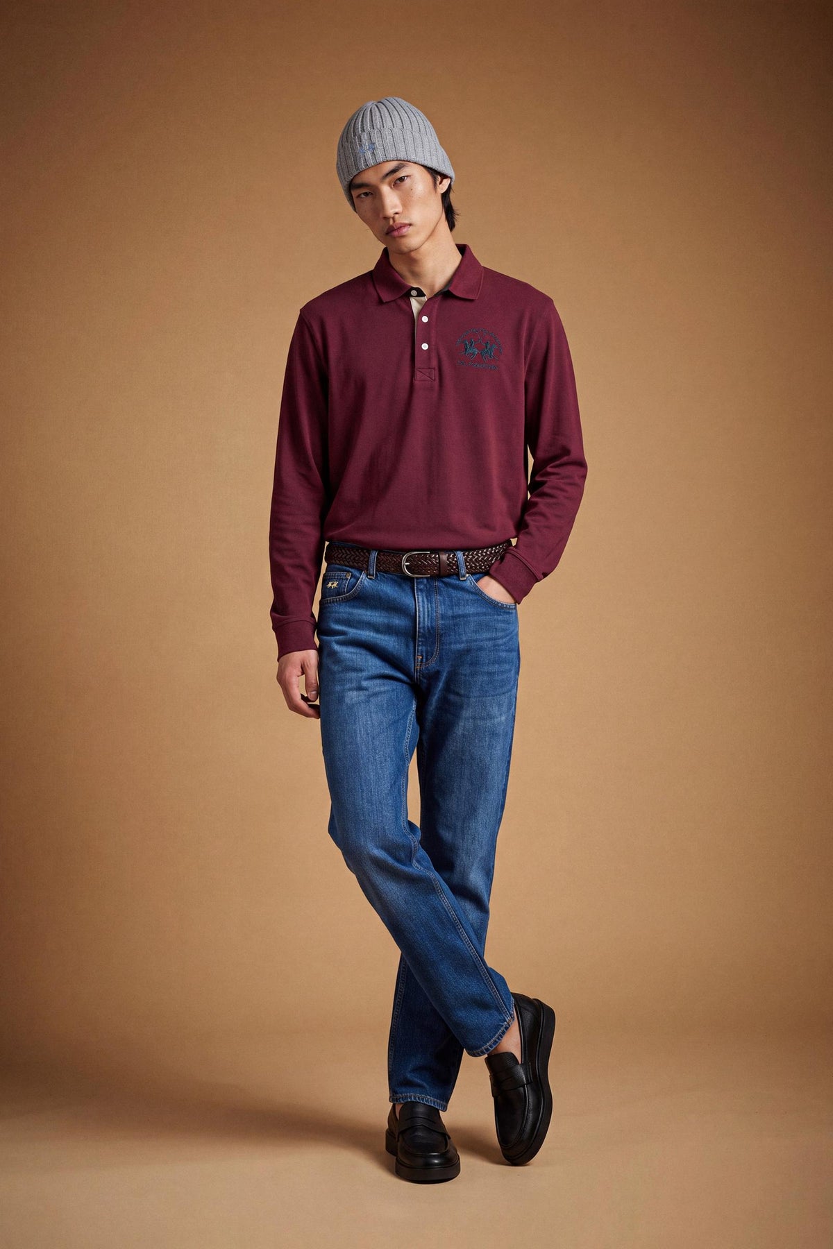 Men's long-sleeve polo in soft cotton jersey with contrasting gabardine collar, ribbed details, multicolor striped placket, and embroidered team logo for comfor - Port Royale