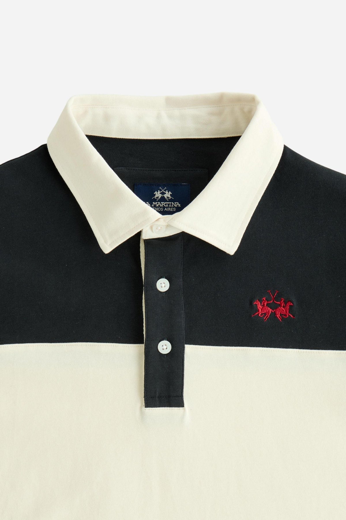 Men's long-sleeve polo in heavy 100% cotton jersey with two-tone collegiate color block, rugby construction, contrasting collar, and embroidered logo for comfor - Navy Blazer/Pristine