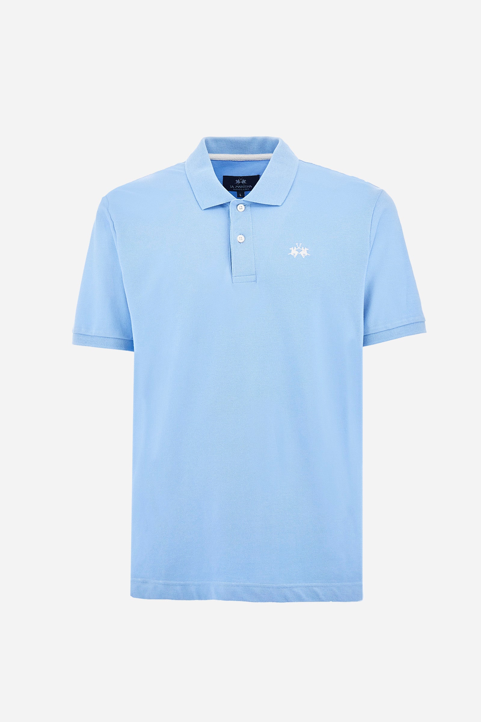 Men's plain-coloured, short-sleeved, regular-fit cotton polo shirt. Contrasting La Martina logo sewn onto the chest. This versatile garment goes perfectly with a pair of jeans from the collection. - Blue Bell
