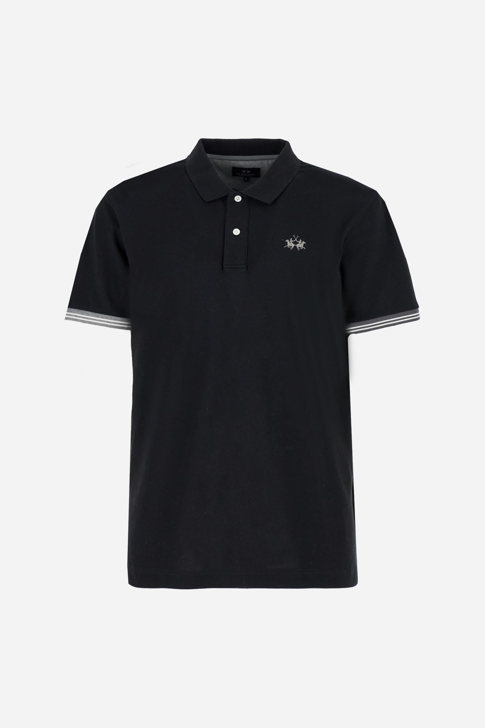 Men’s short-sleeve polo in high-quality stretch cotton piqué, ensuring excellent breathability and flexibility. Classic ribbed collar, two-button placket with customized buttons. Inner collar enriched with contrast tapes and colors for a modern touch. Multicolored ribbed cuffs with different patterns. Small contrast logo embroidered on the chest. Regular fit. Model wears size L. - Black