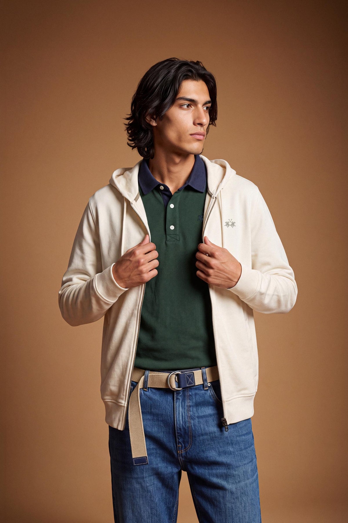 Men's 100% cotton fleece sweatshirt with a high collar, customized zipper, ribbed cuffs and hem, regular fit, and a subtle embroidered logo for comfort and style. - Pristine