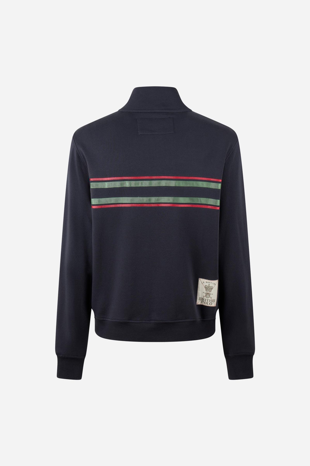 Men's long-sleeve sweatshirt in soft cotton with high double-layer collar, front zipper, ribbed cuffs, kangaroo pockets, and striking red, black, white stripes. - Navy Blazer
