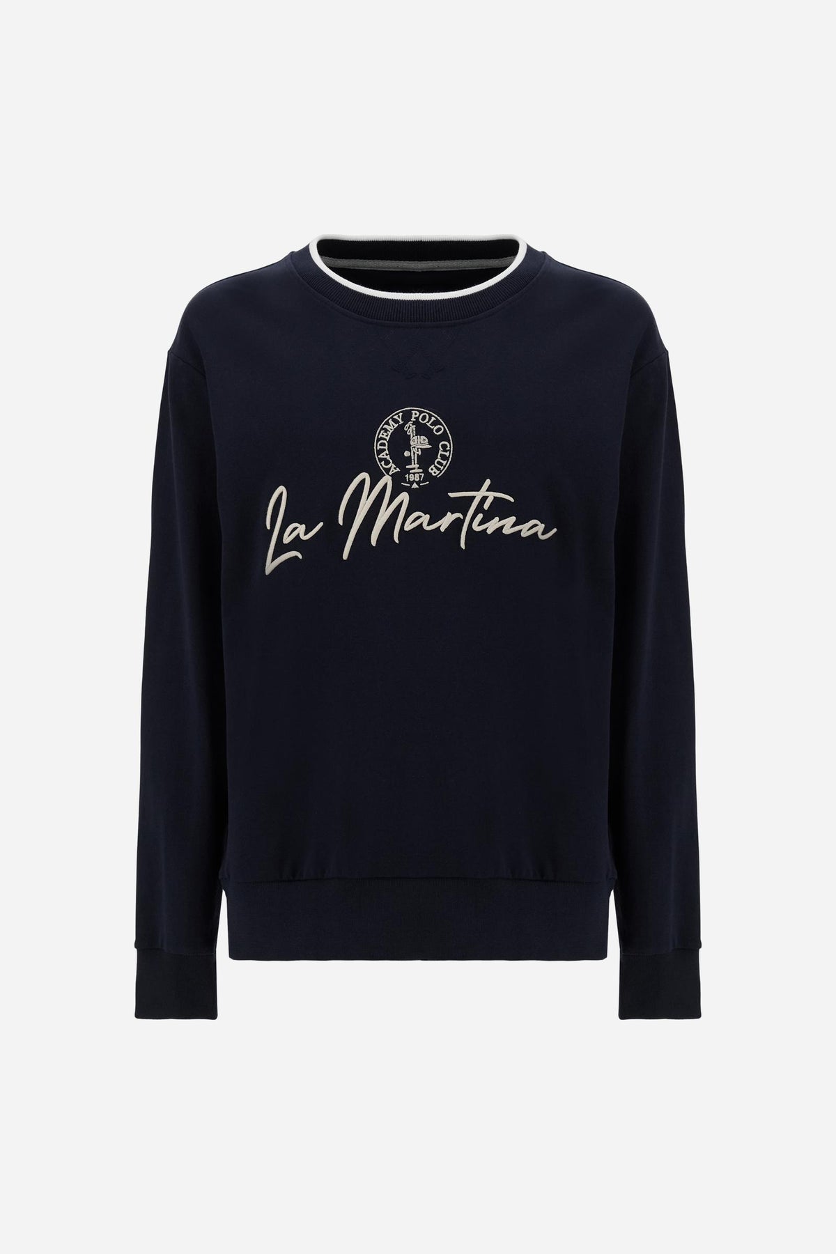 Men’s French Terry sweatshirt with contemporary fit, modern cut and hip-length design. Ribbed trim and contrast embroidery on the chest. - Navy