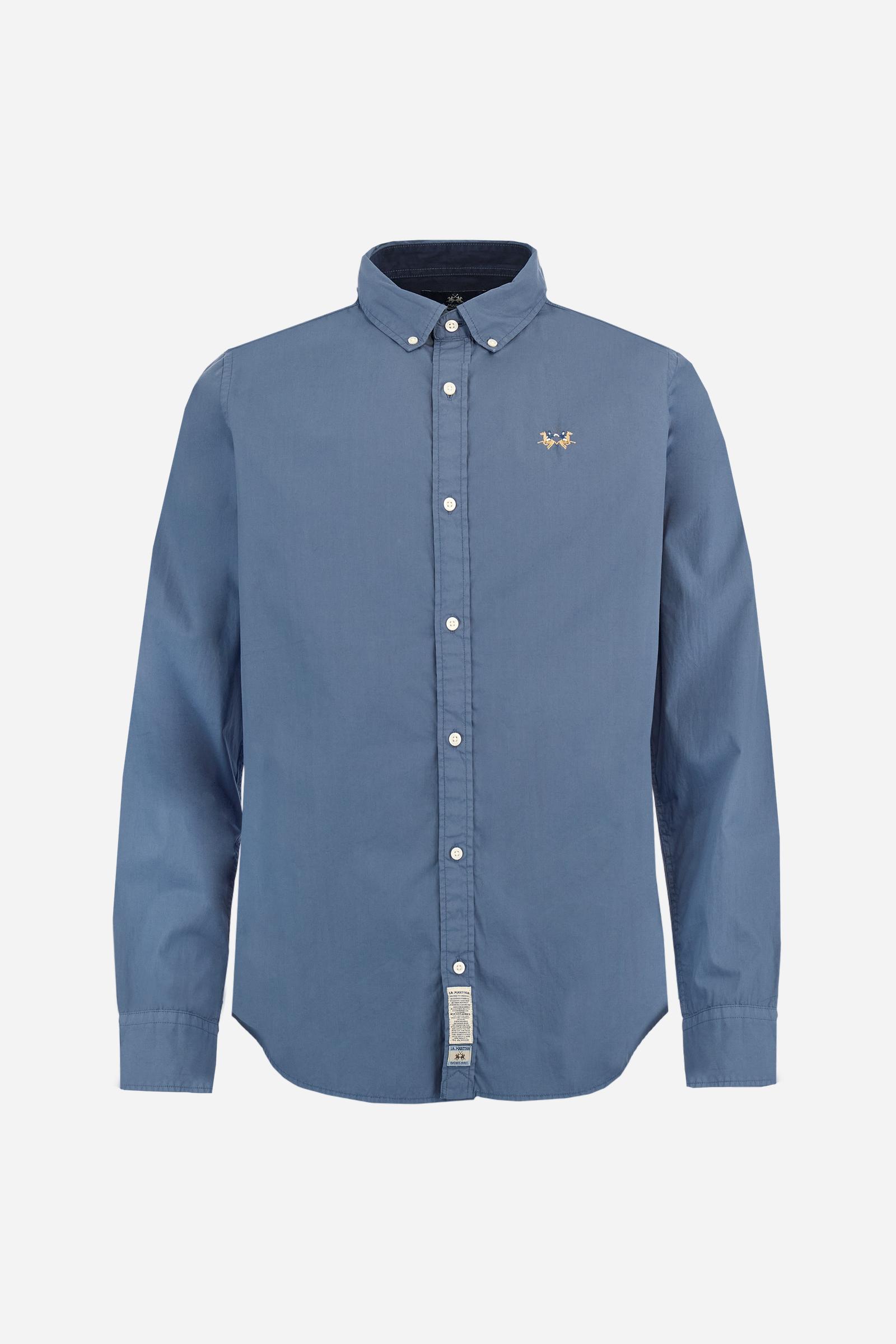 Men's long-sleeved shirt in cotton poplin. Slim fit with button-down collar. - Flint Stone