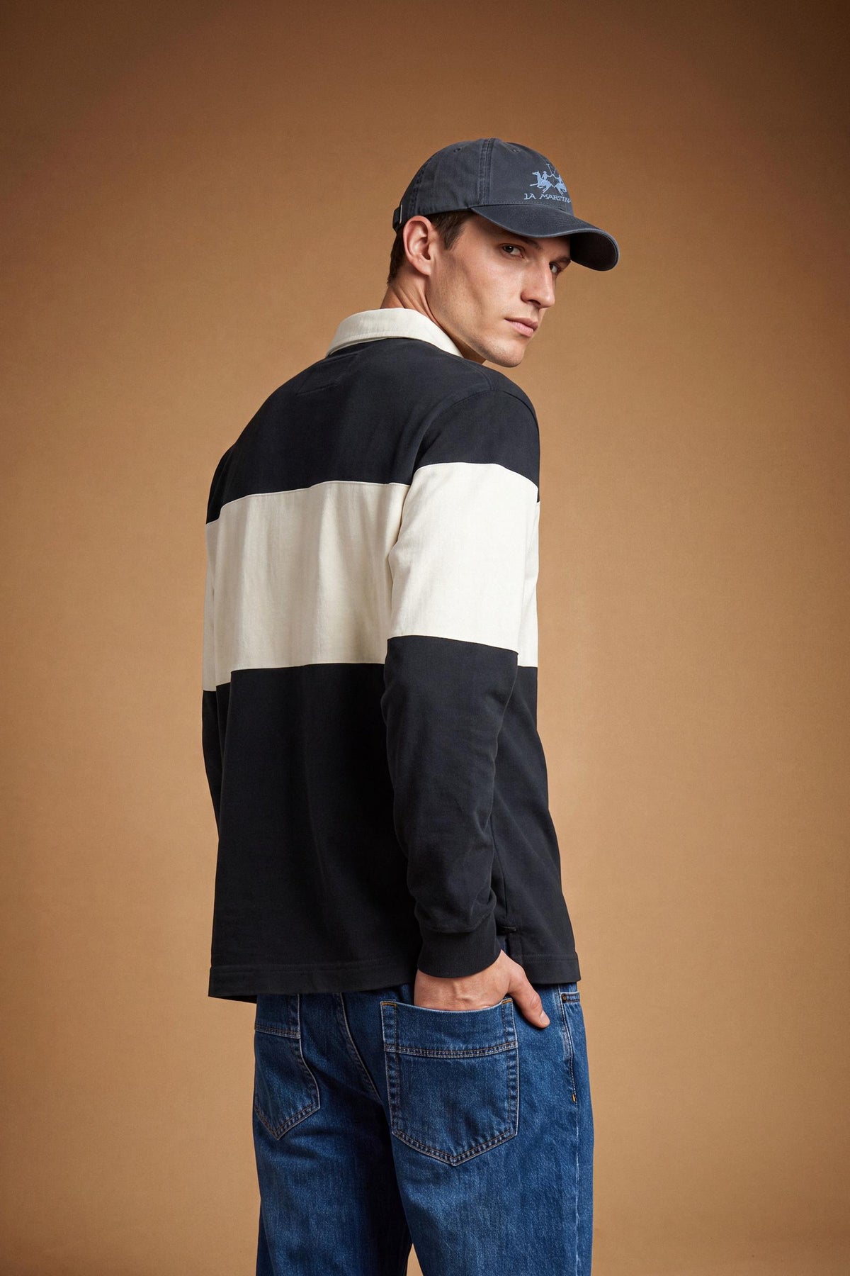 Men's long-sleeve polo in heavy 100% cotton jersey with two-tone collegiate color block, rugby construction, contrasting collar, and embroidered logo for comfor - Navy Blazer/Pristine