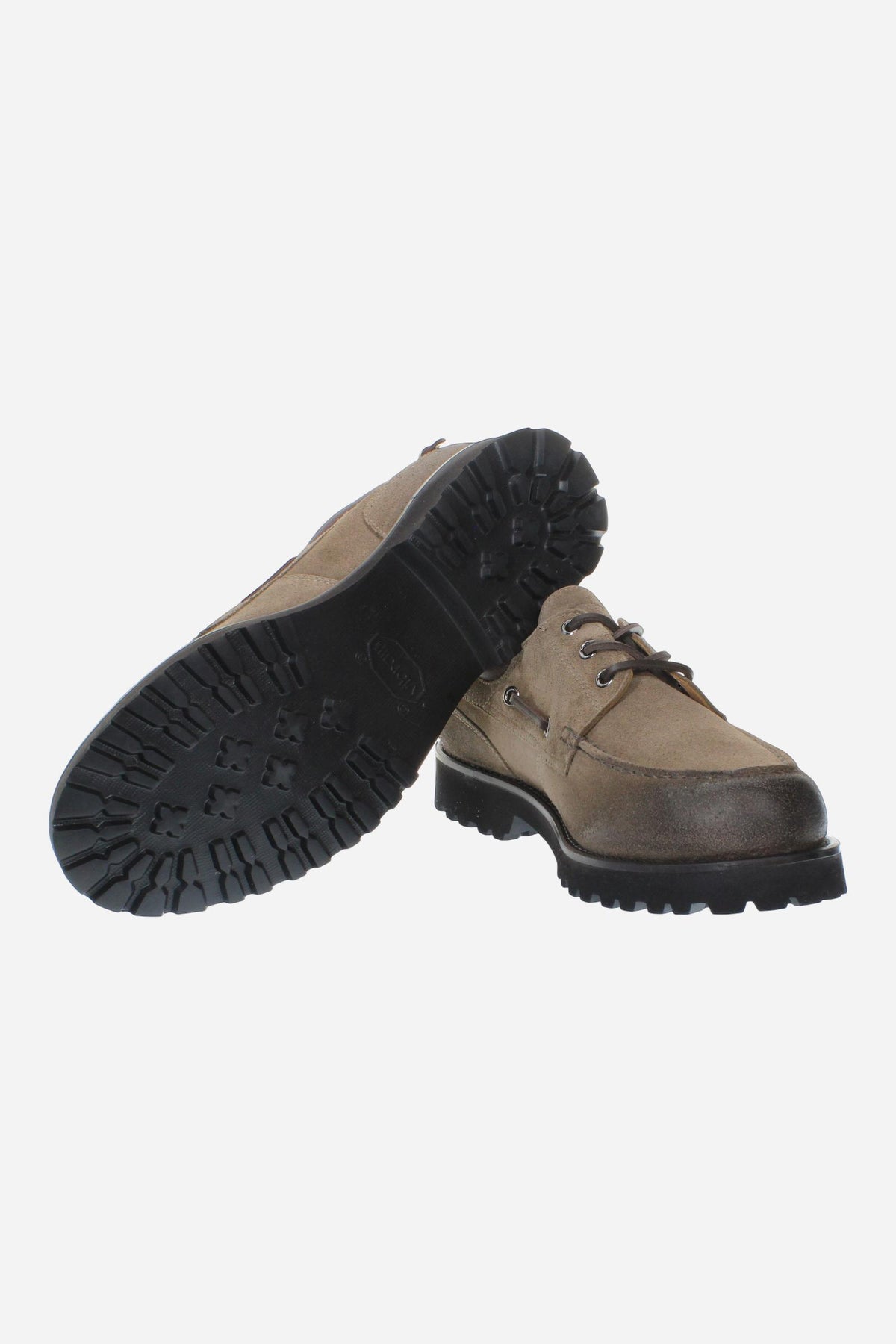 Men's suede boat shoe with handcrafted moccasin stitching, padded nappa leather collar, leather laces, and Vibram® sole for lightweight cushioning and grip. Made in Italy. - Taupe Gray