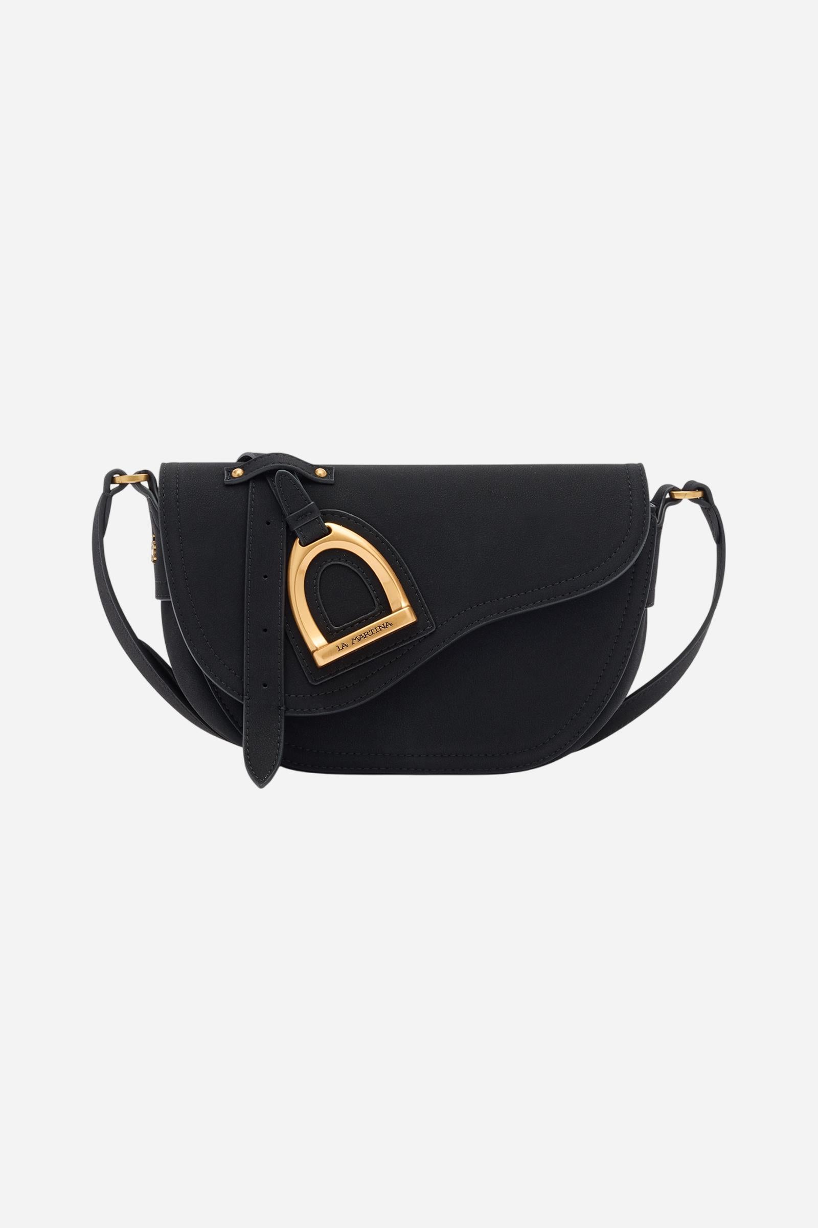 Crossbody bag in nubuck with velvety texture. Structured shape with flap and golden metal logo buckle. - Black