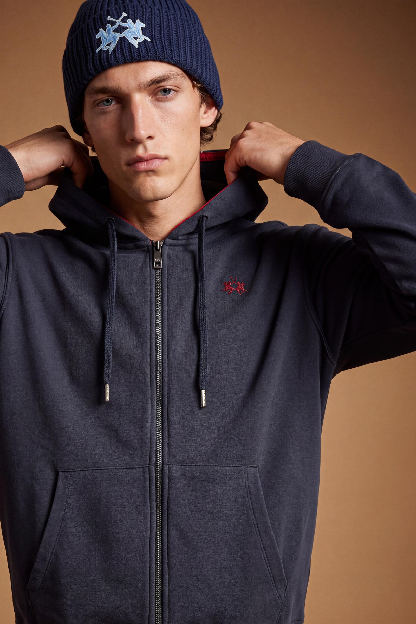 Men's long-sleeve sweatshirt in 100% cotton brushed fleece with adjustable hood, front zipper, kangaroo pockets, ribbed cuffs, and a relaxed fit for comfort. - Navy Blazer