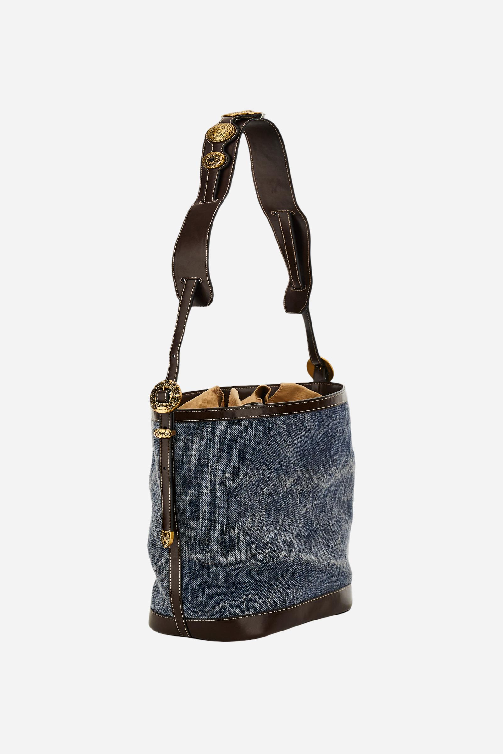 Women's gaucho-chic bucket bag in linen canvas - Bucket
