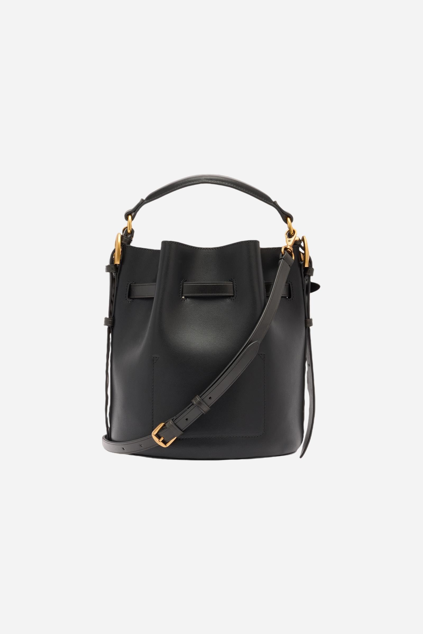 Small bucket bag in calfskin leather with leather details. Refined drawstring closure and metallic finishes. - Black