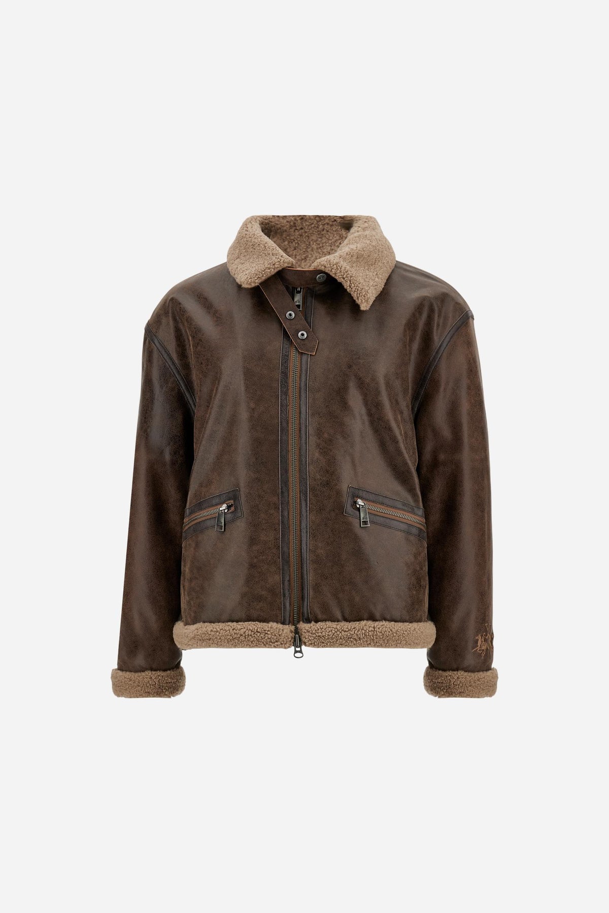 Women's vintage leather jacket with shearling collar - Delicia