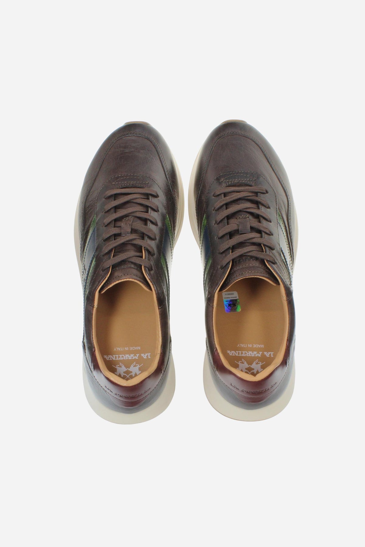 Men's sneaker combining calf and vegetable-tanned leather with artisanal stitching, branded logo, and high-cushioning rubber PU sole for lasting comfort and style. - Dark Brown